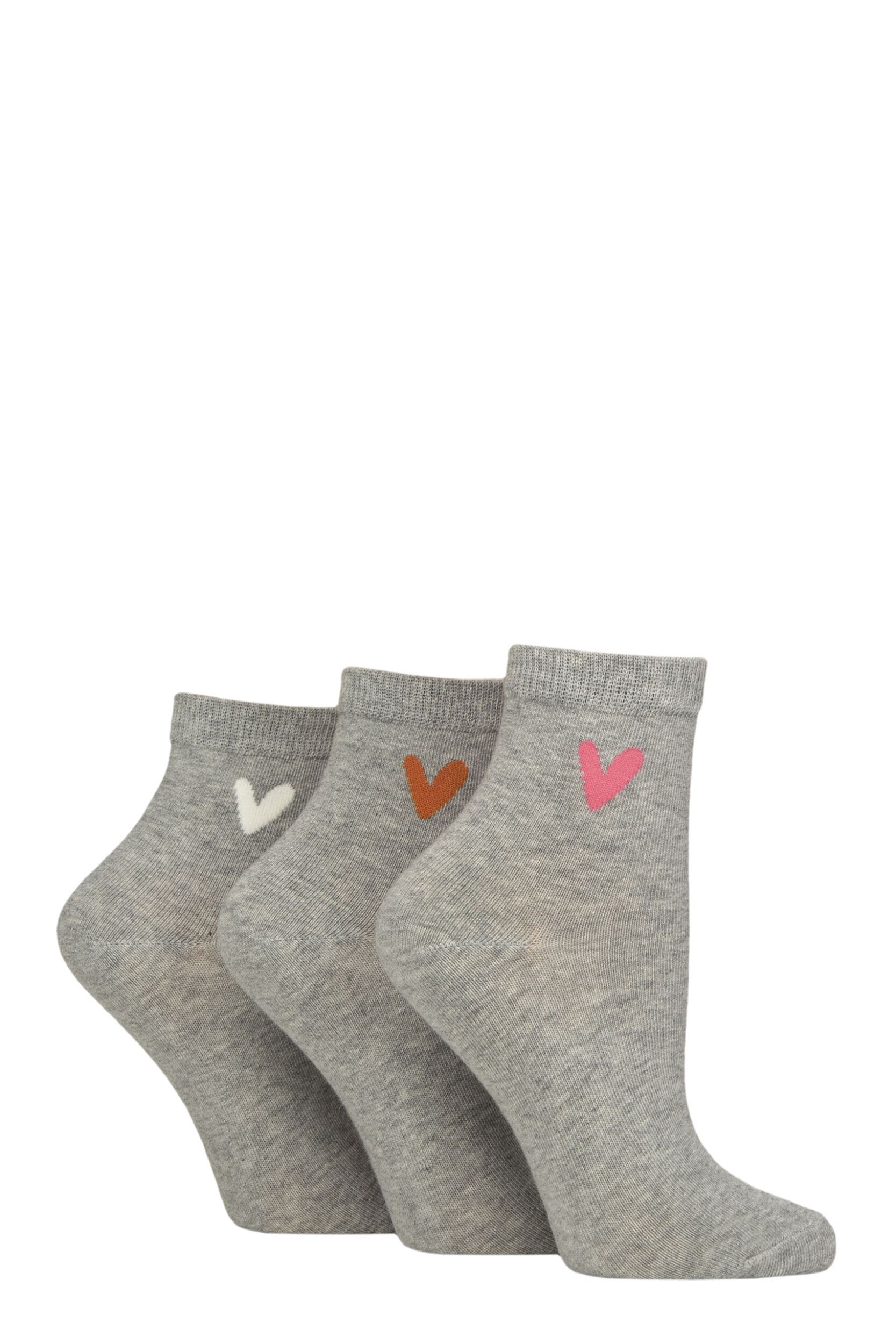 Women’s 3 Pair Caroline Gardner Cotton Patterned Mid Length Crew Socks Hearts Grey 4-8