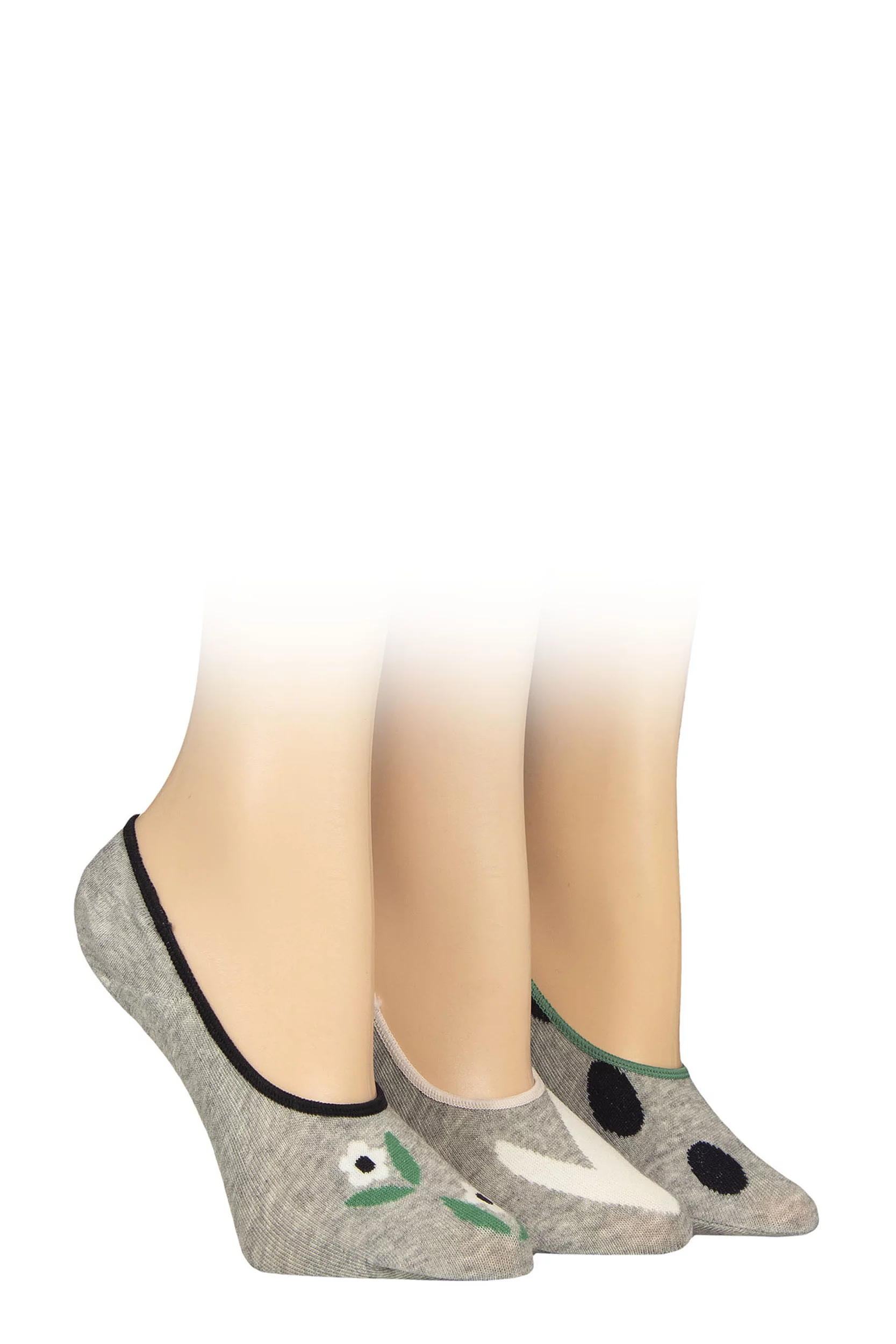 Women's 3 Pair Caroline Gardner Casual Shoe Liner Socks Flower / Heart / Spots Grey 4-8 Women'