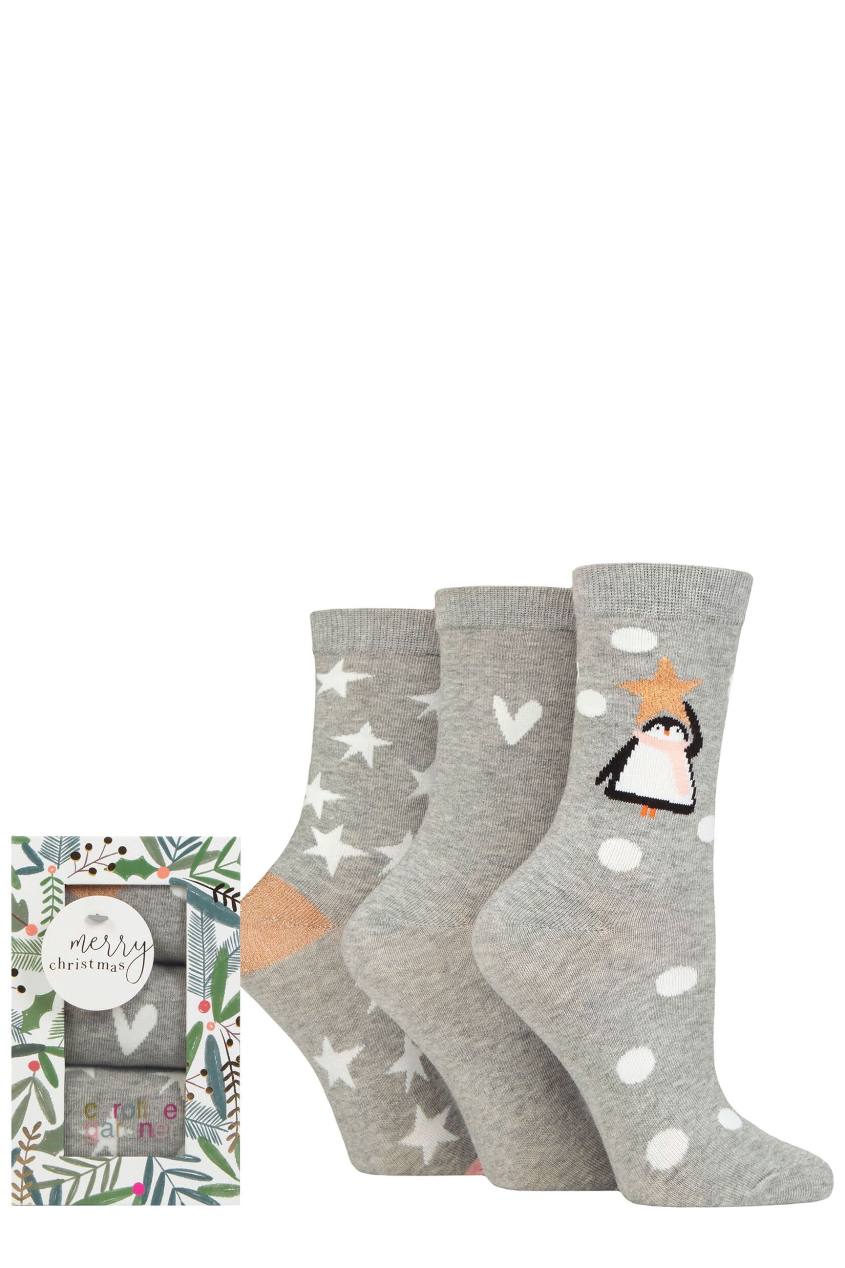 Women's 3 Pair Caroline Gardner Christmas Foliage Gift Boxed Cotton Socks Penguin / Plain / Stars 4-8 Ladies