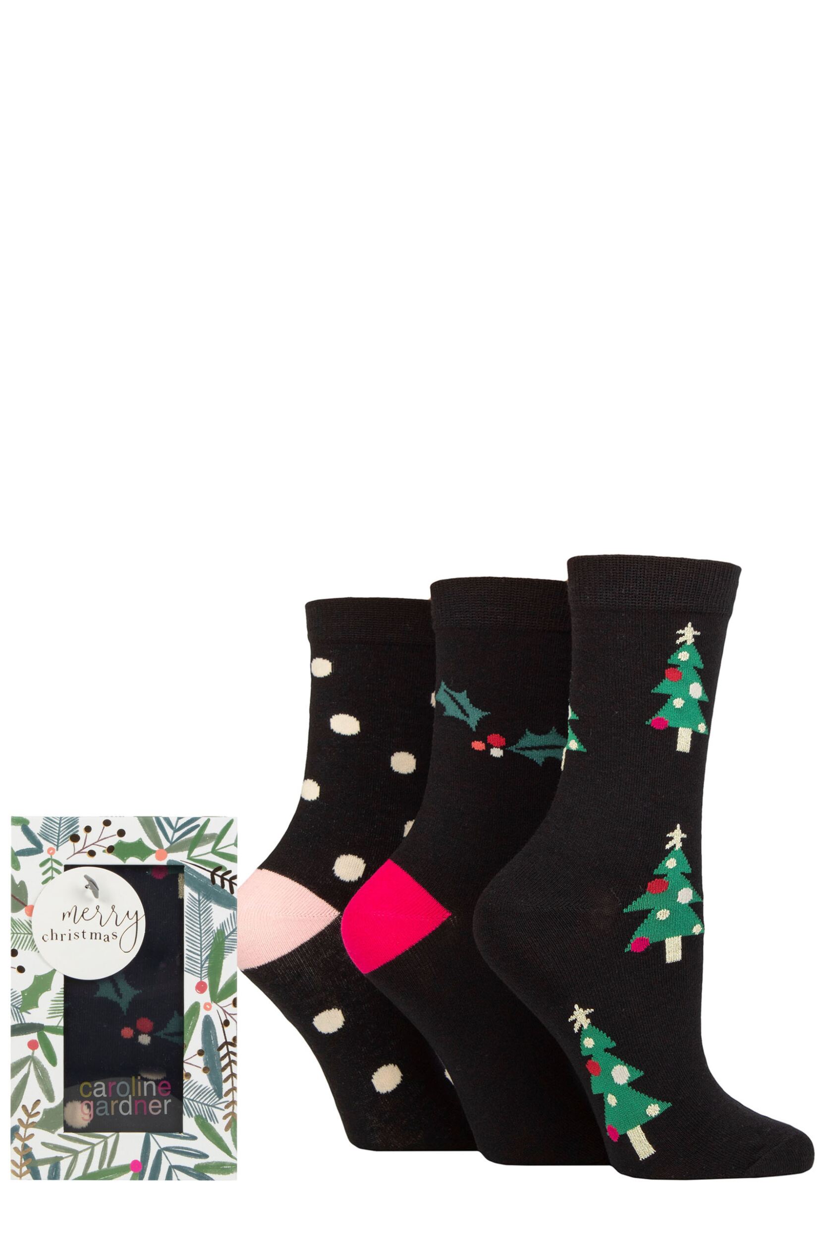Women's 3 Pair Caroline Gardner Christmas Foliage Gift Boxed Cotton Socks Xmas Tree / Holly / Spots 4-8 Ladies