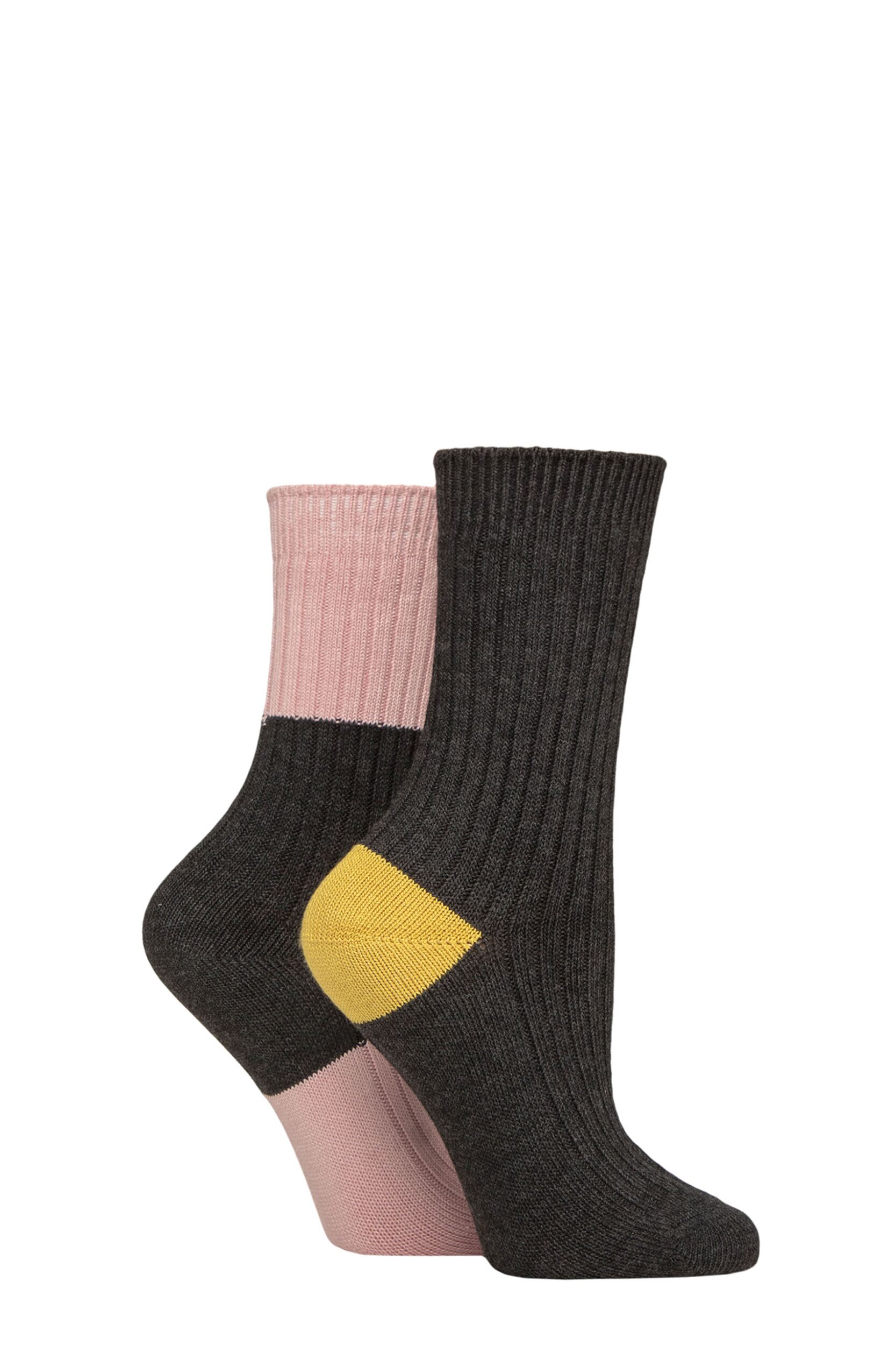 Women's 2 Pair Caroline Gardner Bamboo Ribbed Light Weight Boot Socks Charcoal Pink / Lime 4-8 Women's