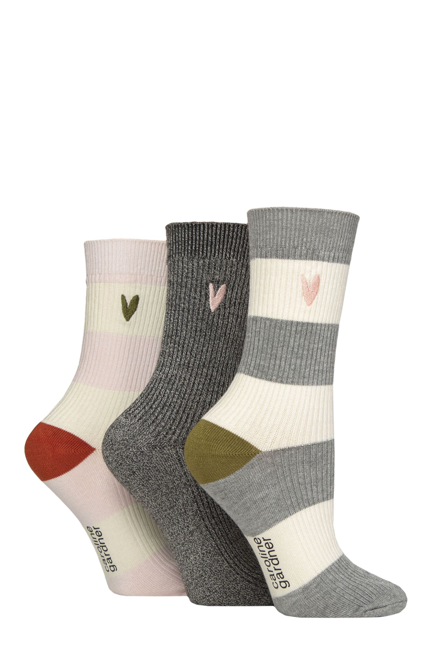 Women's 3 Pair Caroline Gardner Bamboo Ribbed Lightweight Lesiure Socks Grey / Black Twist / Pink 4-8