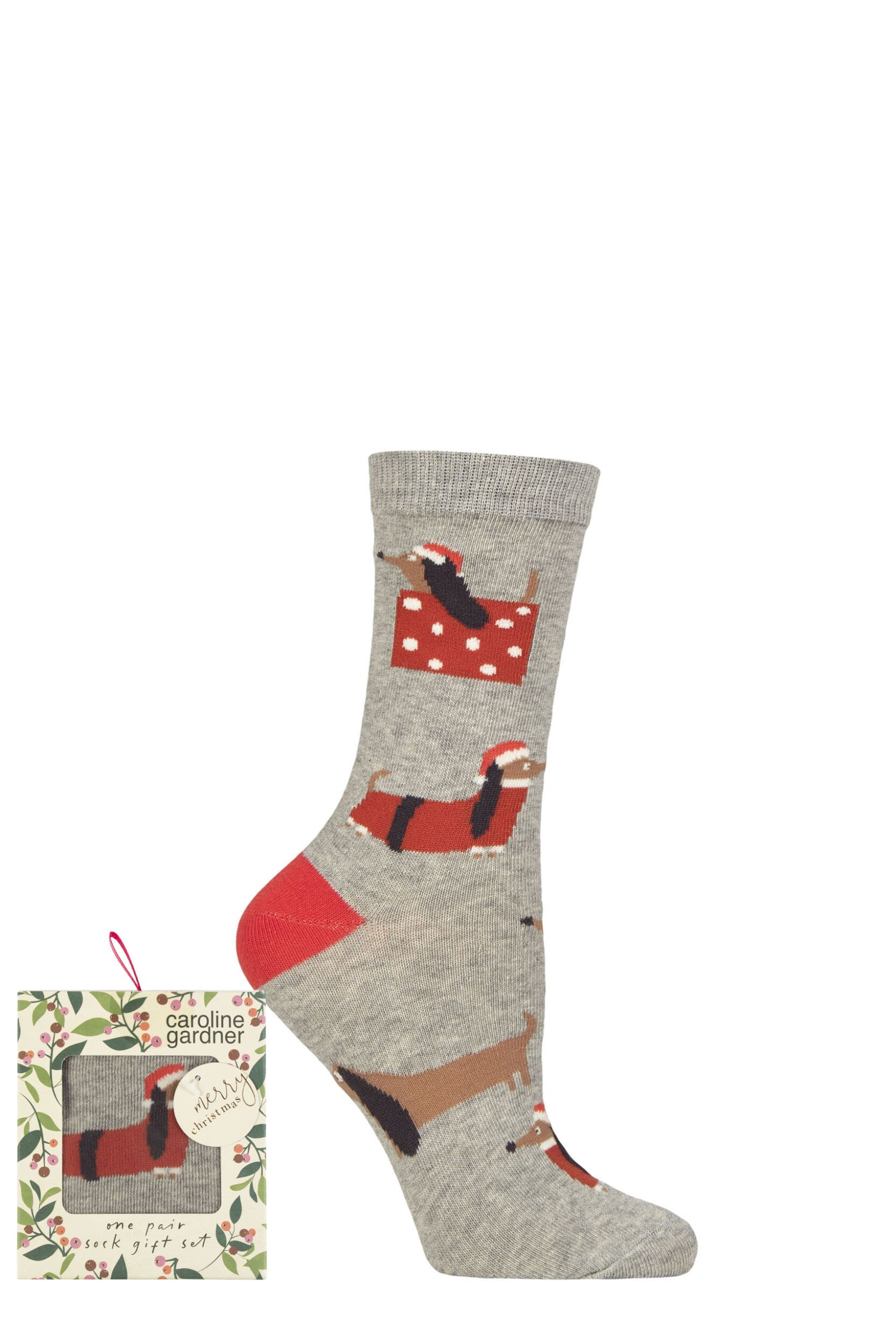 Women's 1 Pair Caroline Gardner Christmas Foliage Gift Boxed Cotton Socks Grey Dogs 4