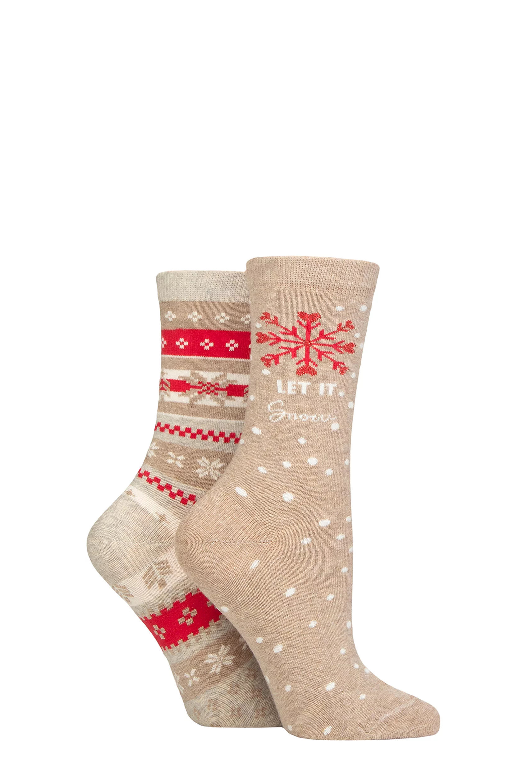Women's 2 Pair Charnos Let it Snow & Fairisle Christmas Cotton Socks Beige