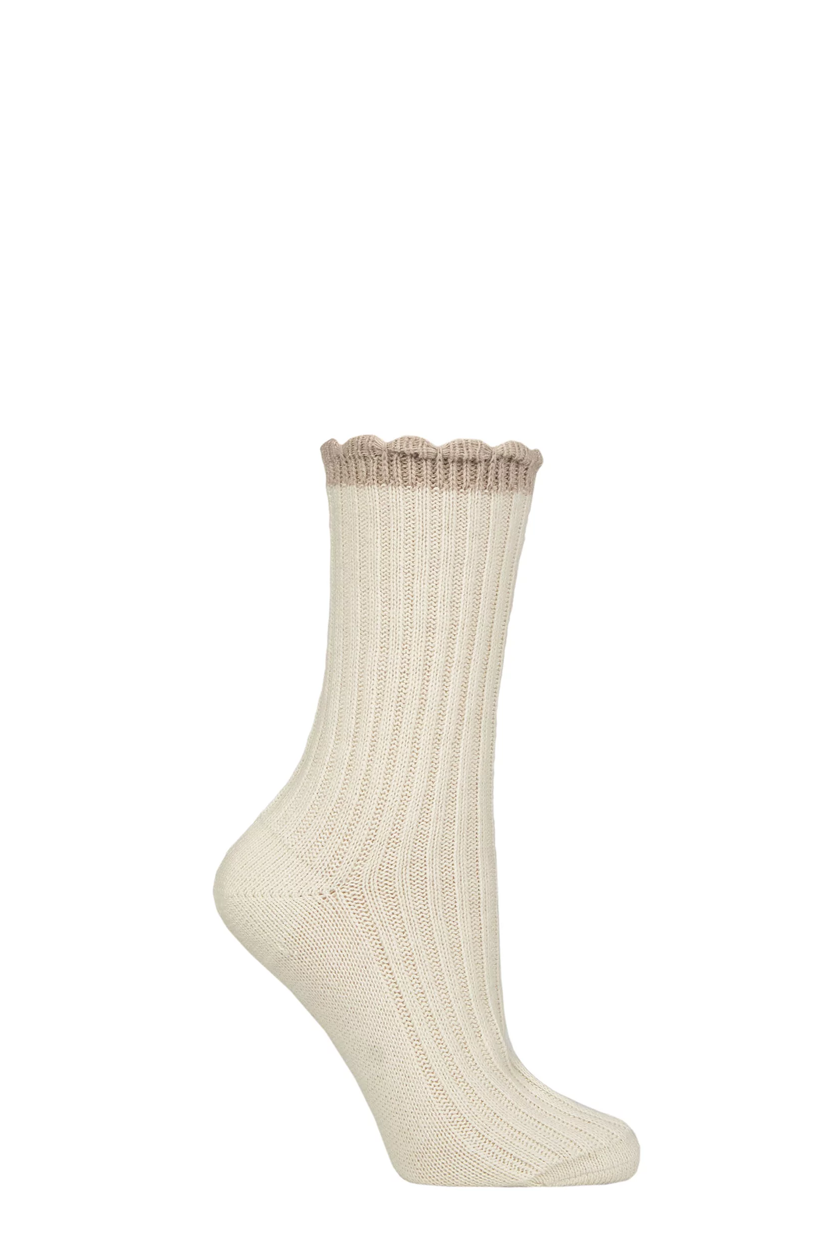 Women's 1 Pair Charnos Cashmere Scallop Top Ribbed Socks Cream