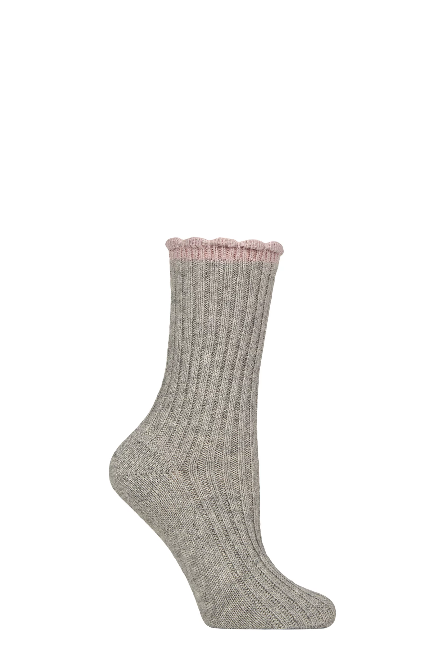 Women's 1 Pair Charnos Cashmere Scallop Top Ribbed Socks Grey
