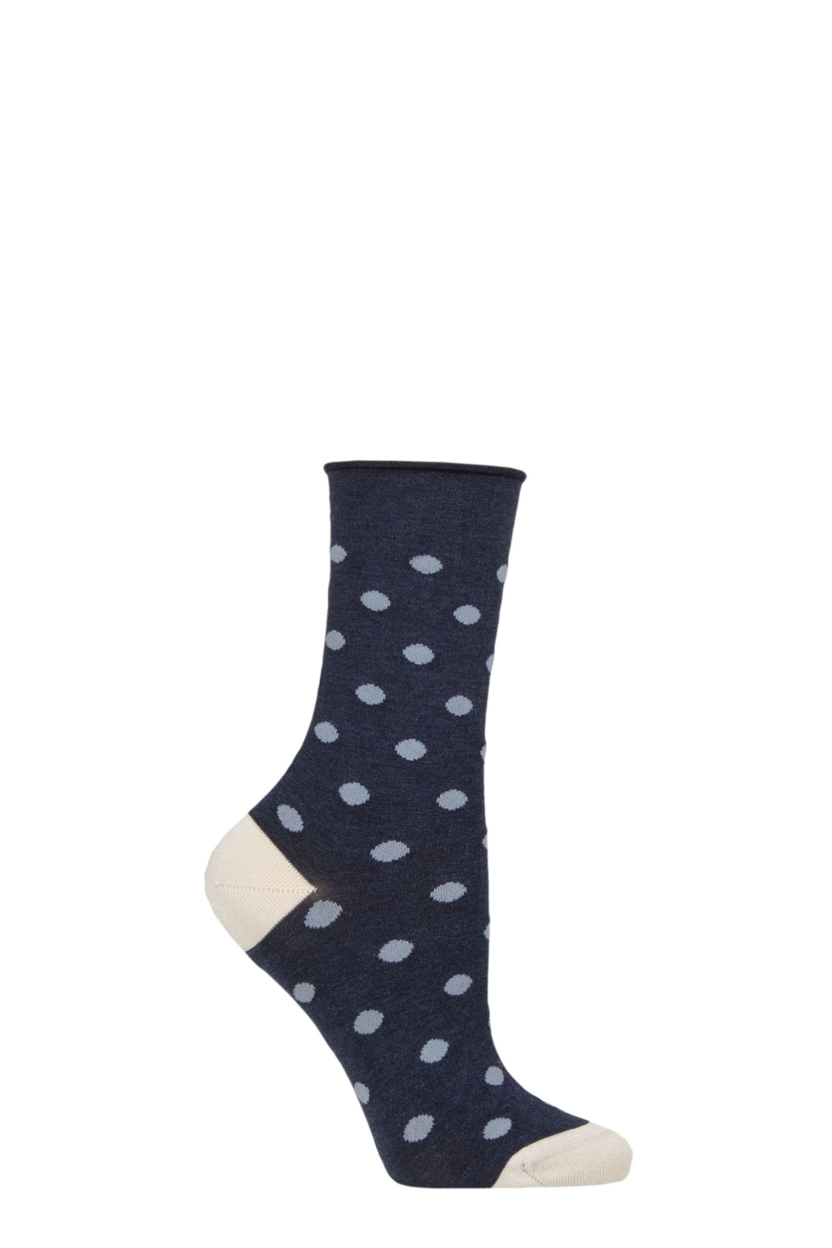 Women’s 1 Pair Charnos Mercerised Cotton Spot Roll Top Socks Blue Mix One Size