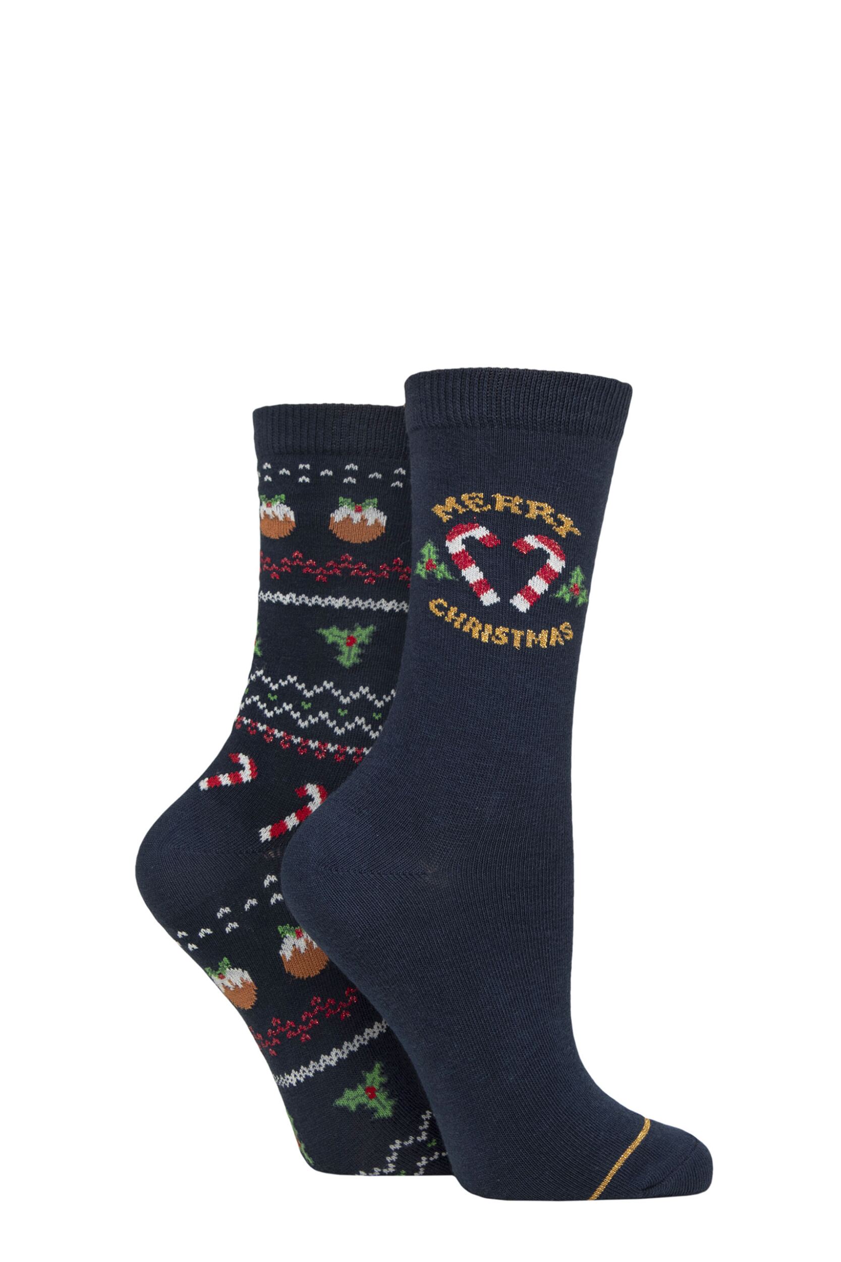 Women’s 2 Pair Charnos Candy Cane and Christmas Pudding Socks Navy One Size