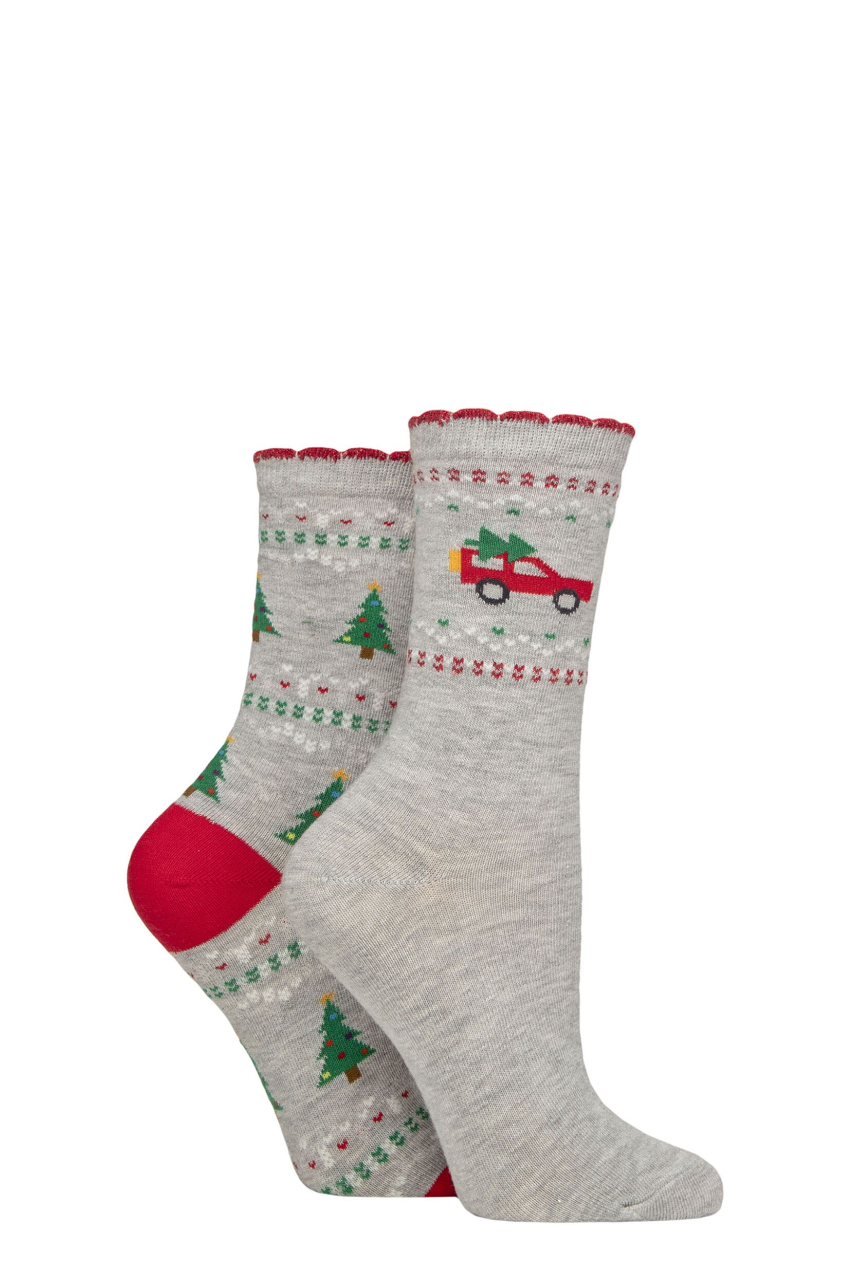 Women's 2 Pair Charnos Candy Car and Christmas Tree Socks Grey One Size
