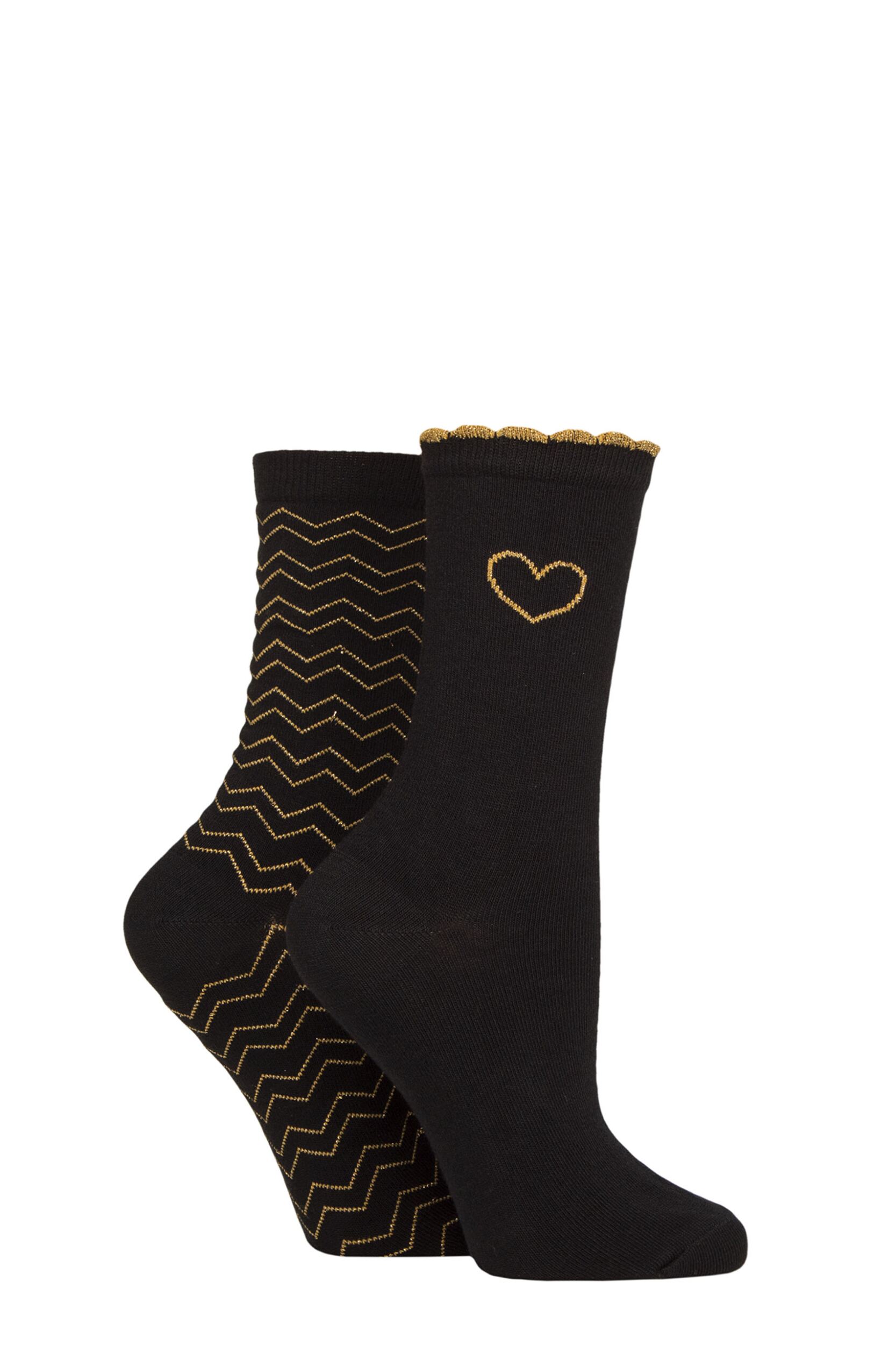 Women’s 2 Pair Charnos Sparkle Chevron and Heart Socks Black One Size
