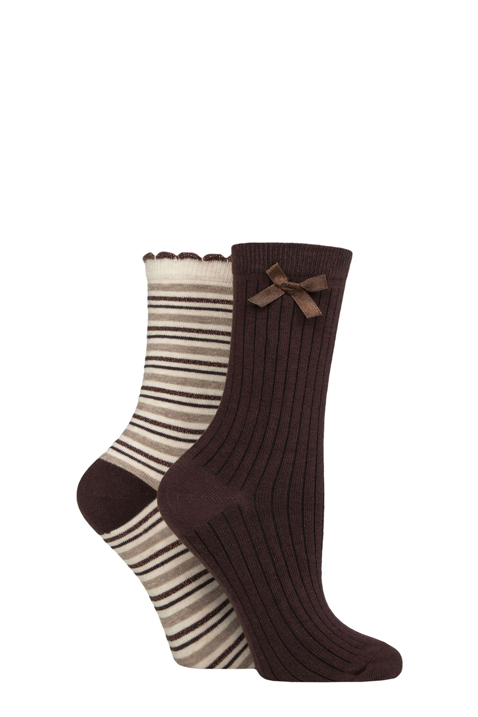 Women's 2 Pair Charnos Sparkle Stripe and Rib Bow Socks Chocolate One Size