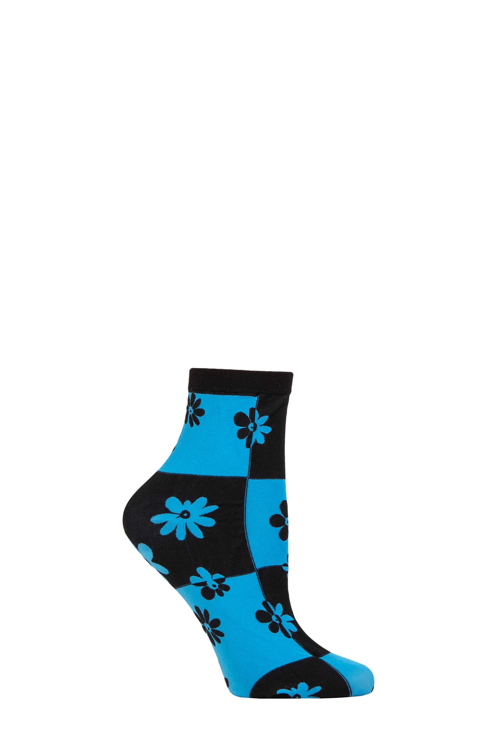 Ladies 1 Pair Trasparenze Chamomile Floral Check Socks Blue One Size
