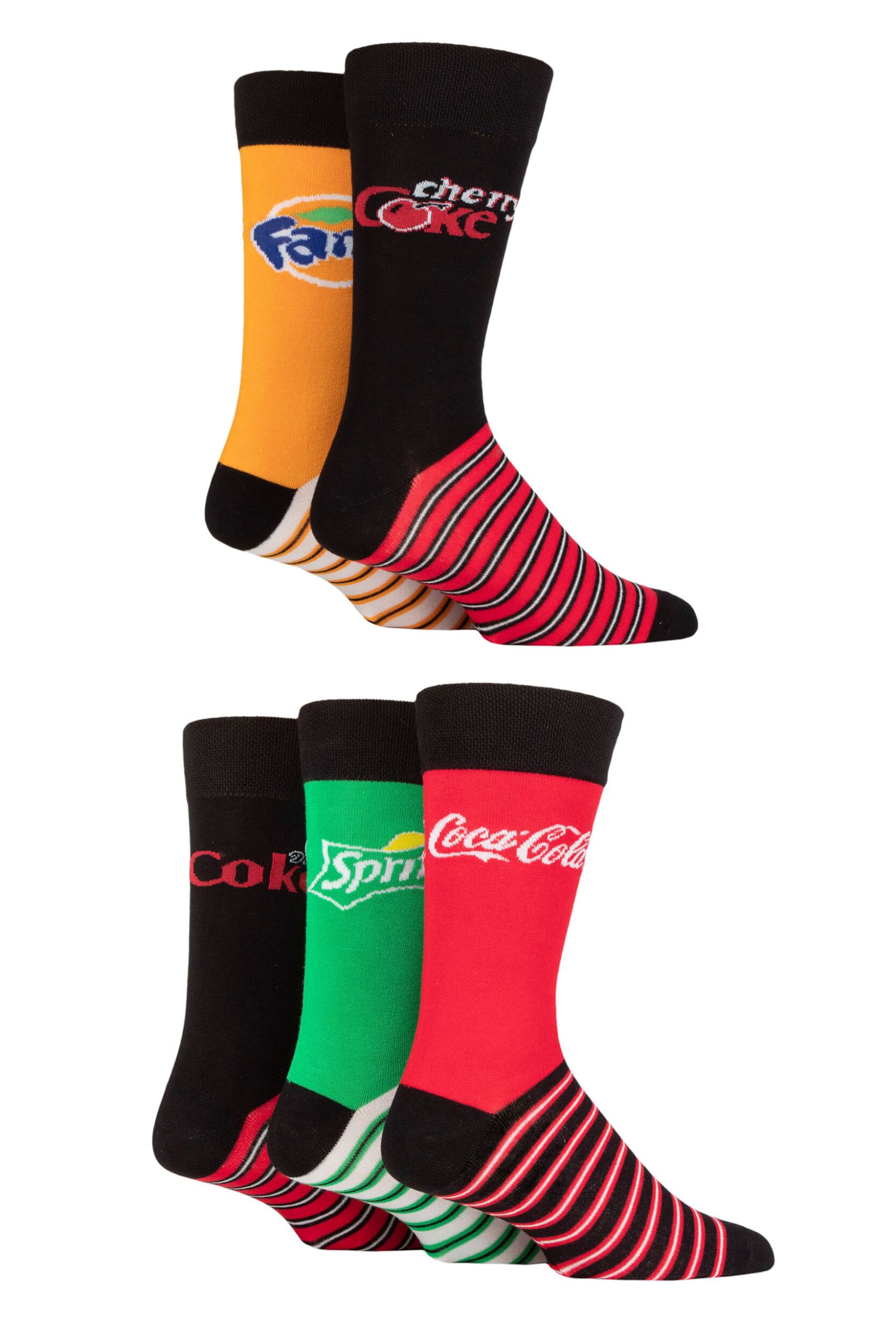 Mens and Women's 5 Pair Coca-Cola, Diet Coke, Fanta, Sprite and Cherry Coke Socks Assorted 7-11 Mens