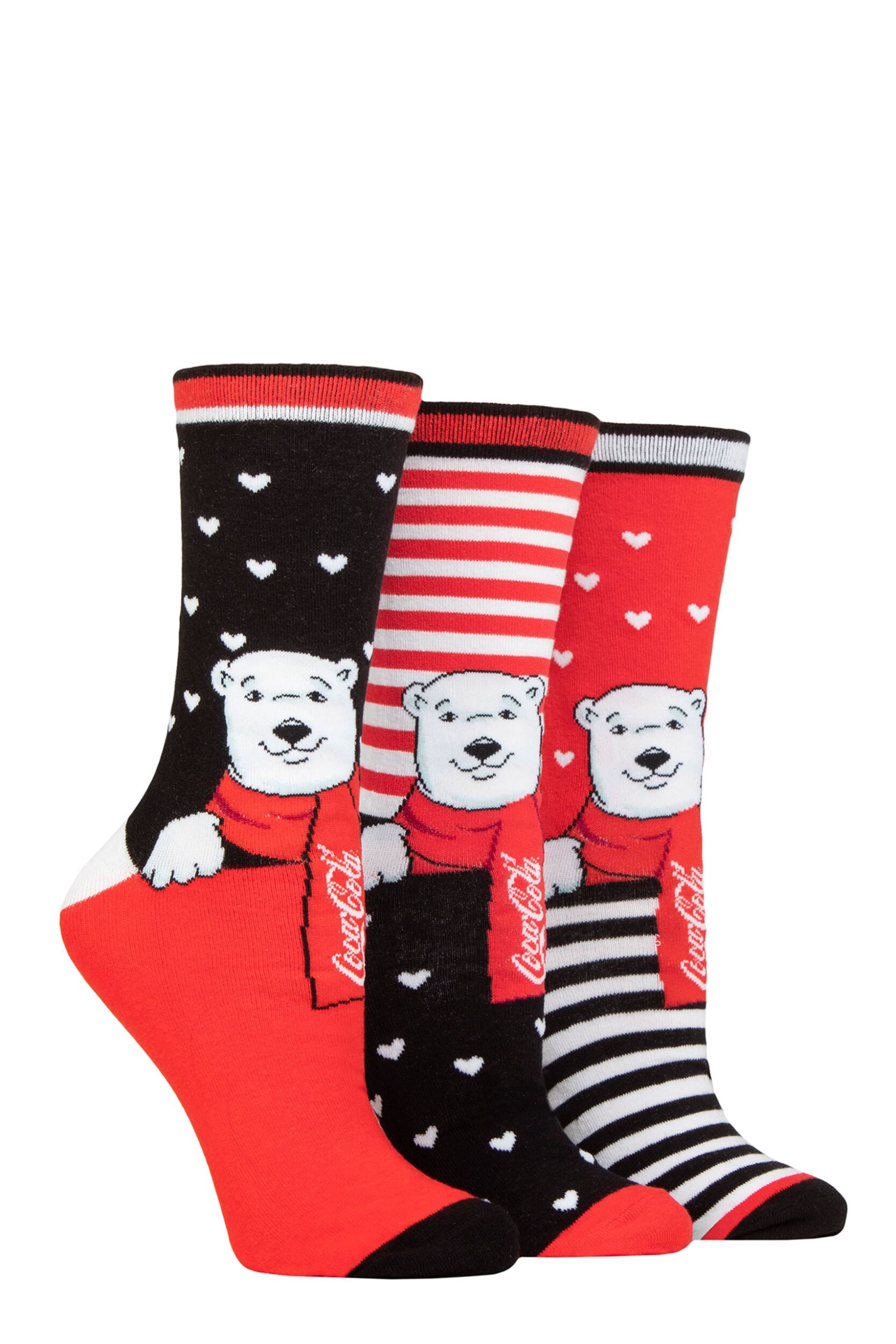 Women's 3 Pair Coca Cola Polar Bear Cotton Socks Black / White / Red 4-8