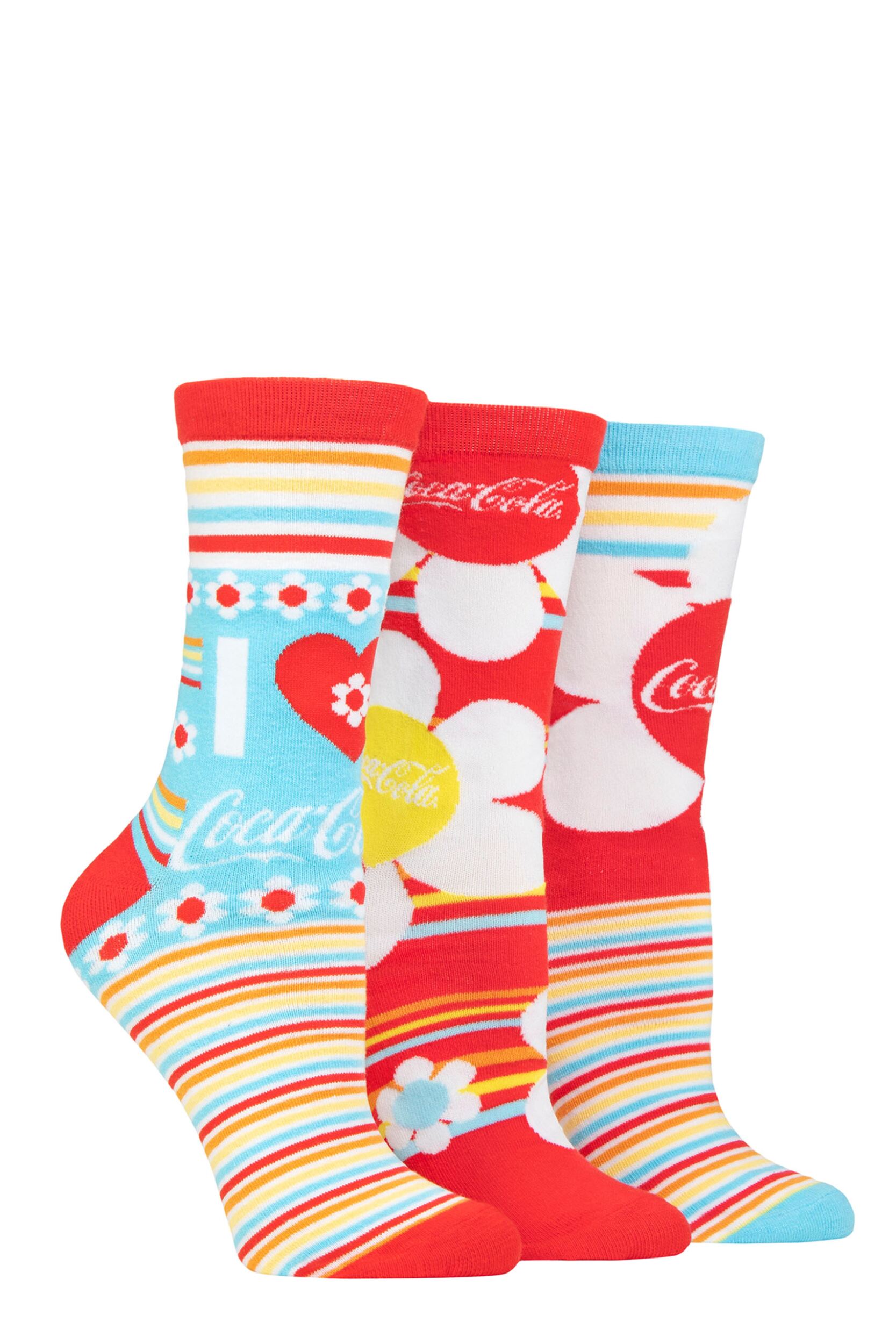 Women's 3 Pair Coca Cola Flowers Cotton Socks Multi 4-8