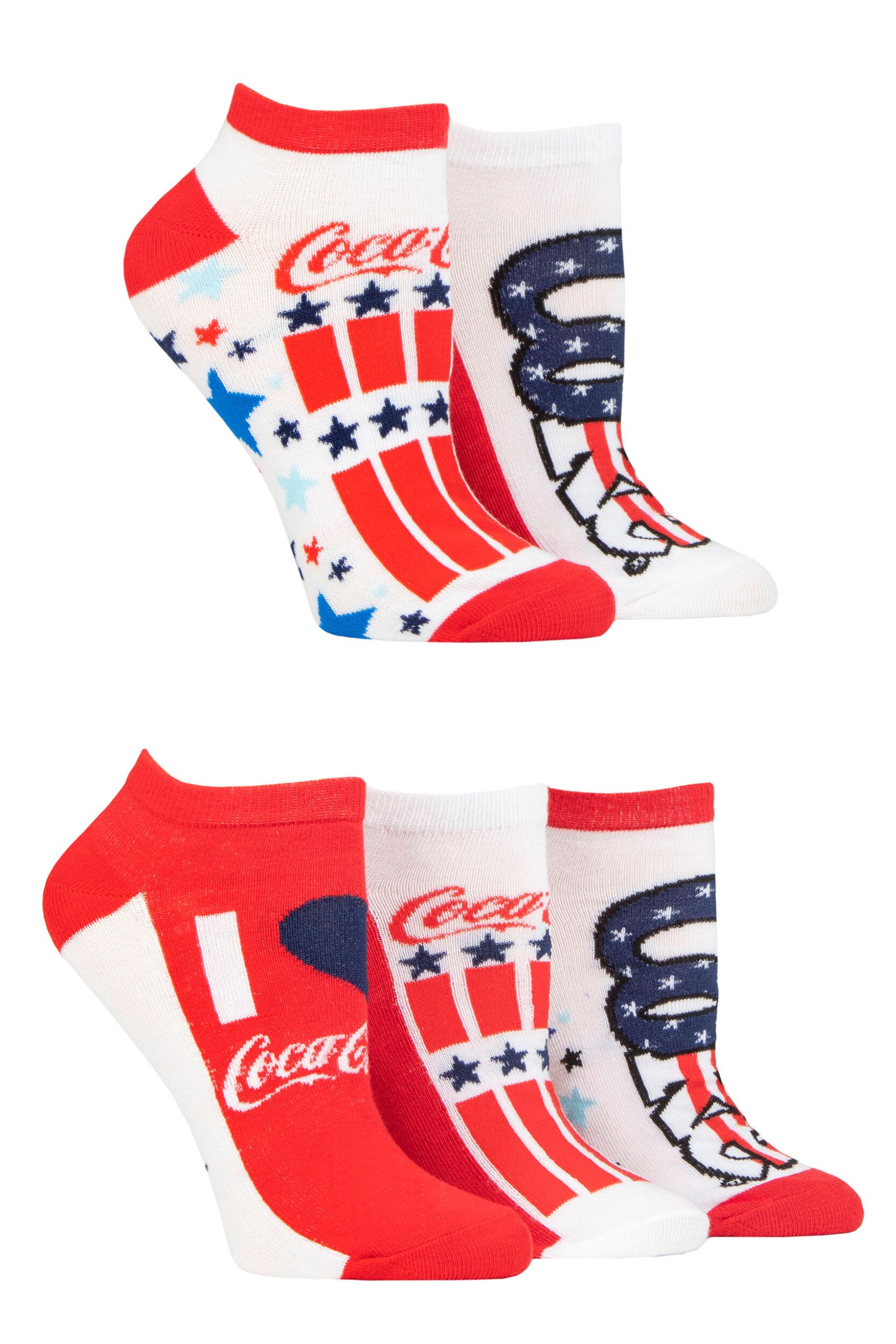 Women's 5 Pair Coca Cola Stars and Stripe Shoe Liner Socks Multi 4-8