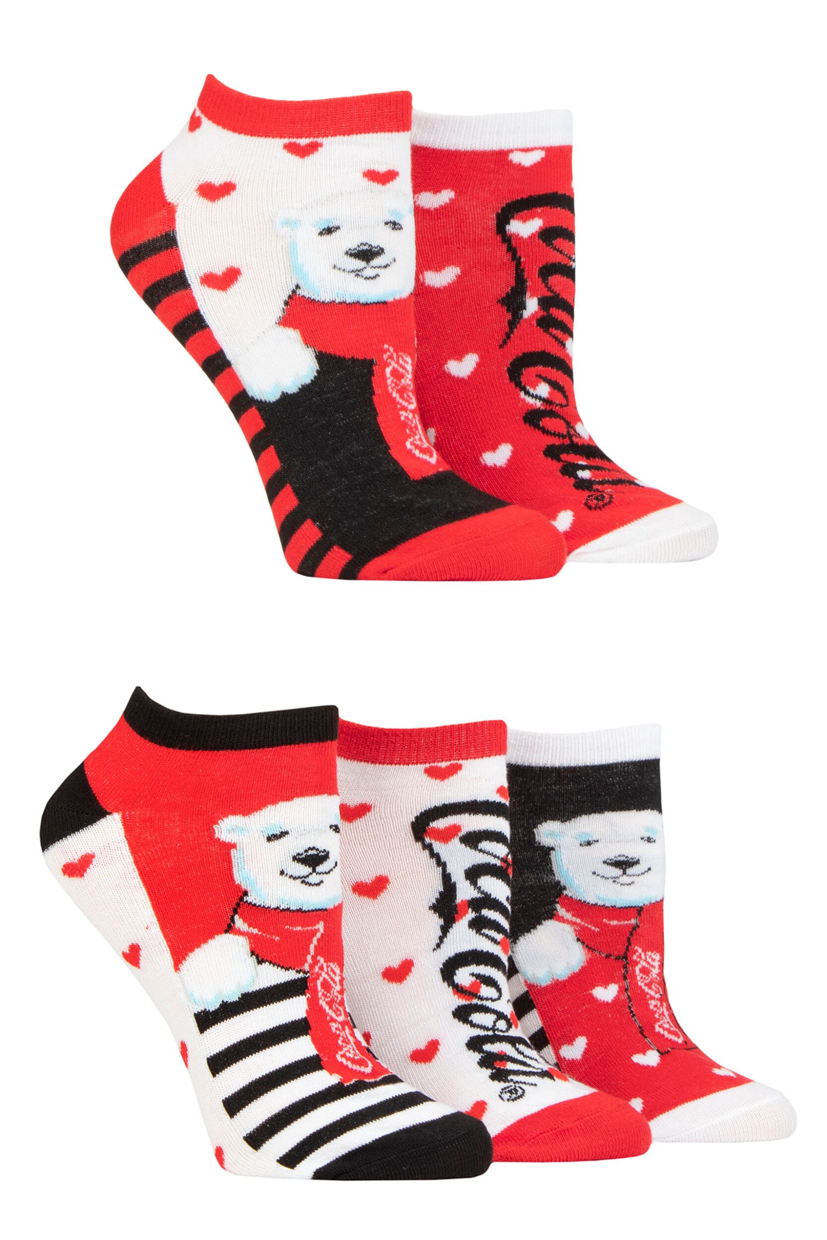 Women's 5 Pair Coca Cola Polar Bear Shoe Liner Socks Black / White / Red 4-8