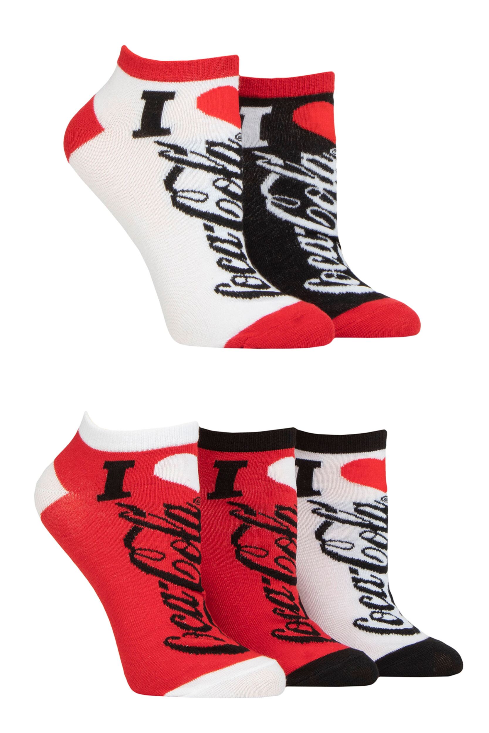 Women's 5 Pair Coca Cola Love Shoe Liner Socks Red / White / Black 4-8