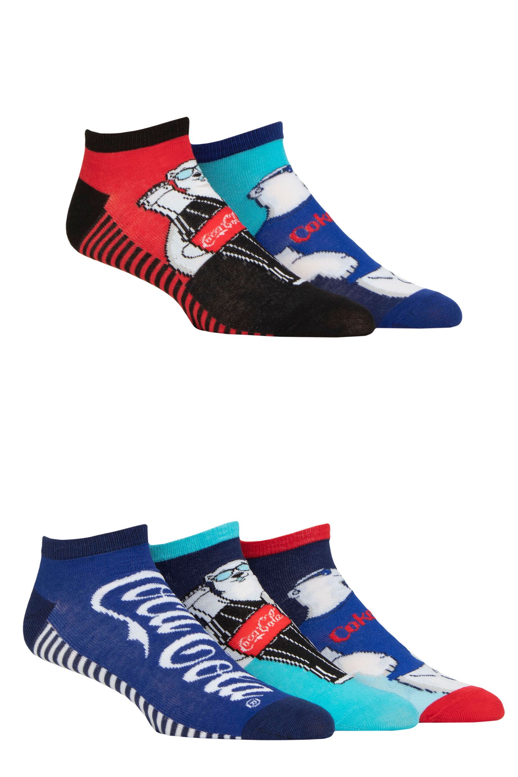 Mens 5 Pair Coca Cola Polar Bear Shoe Liner Socks Multi 6-11