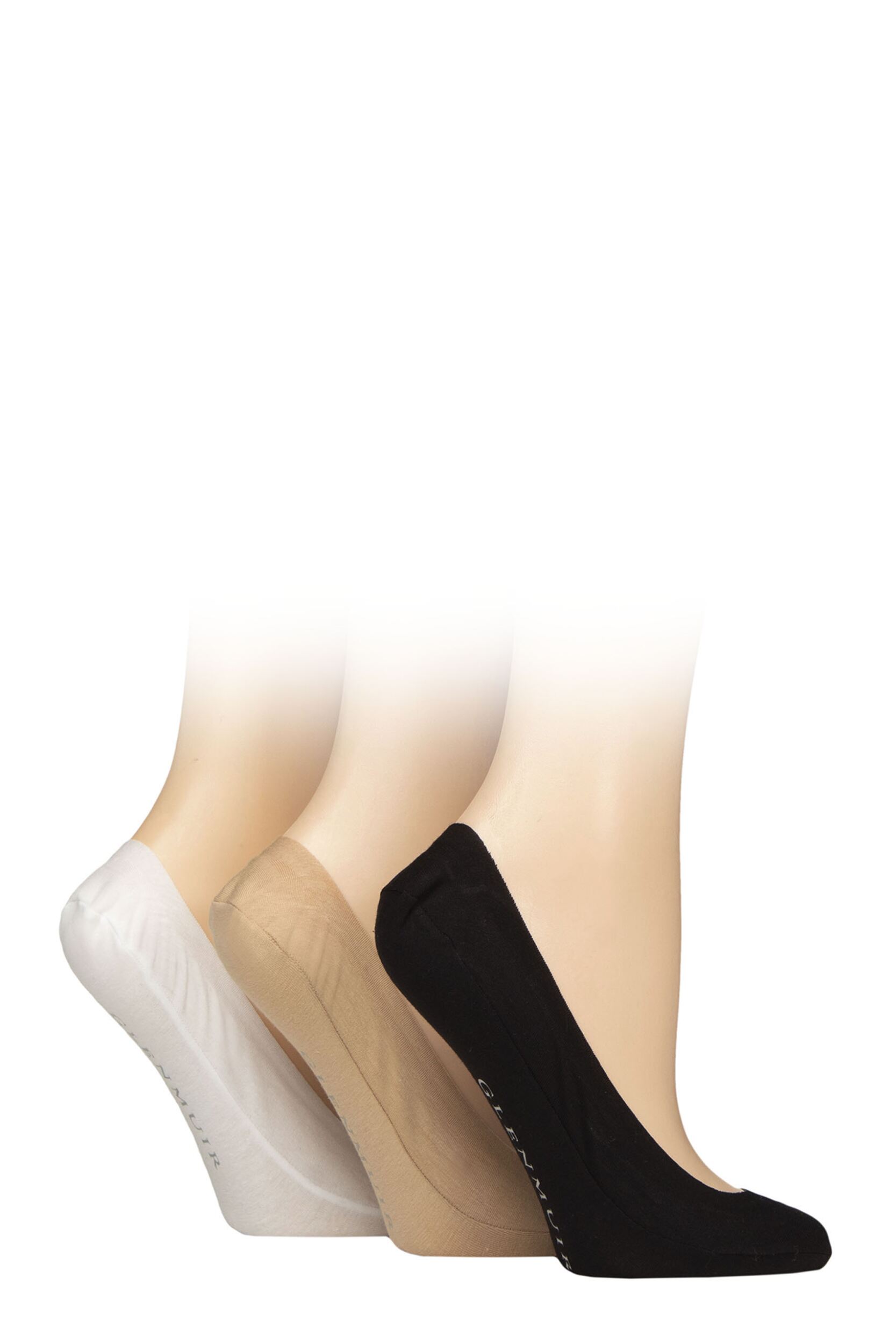 Women's 3 Pair Glenmuir Plain Cotton Shoe Liner Socks Black / Nude / White 4-8 Women's