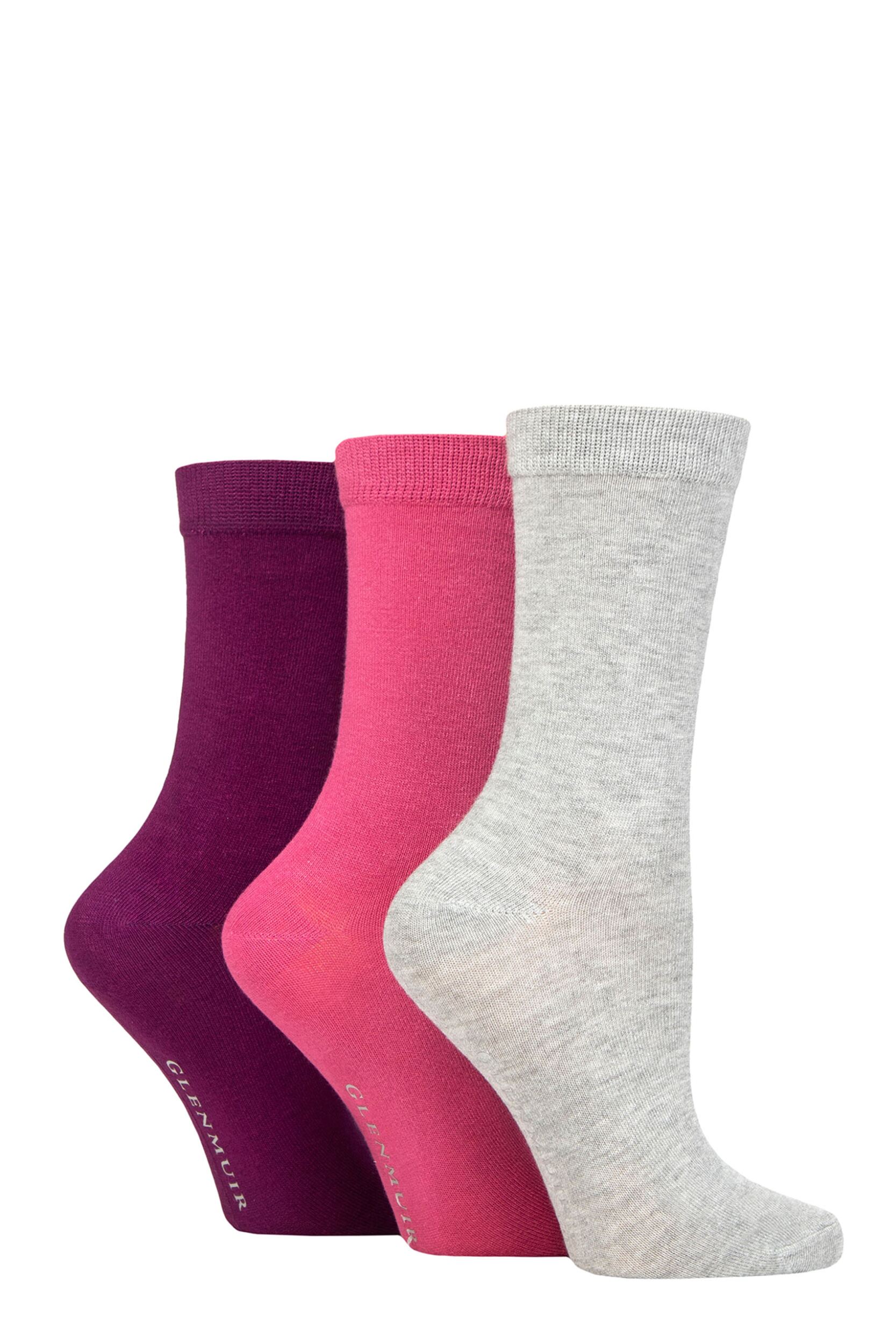 Women's 3 Pair Glenmuir Classic Plain Bamboo Socks Grey / Pink / Purple UK 4-8
