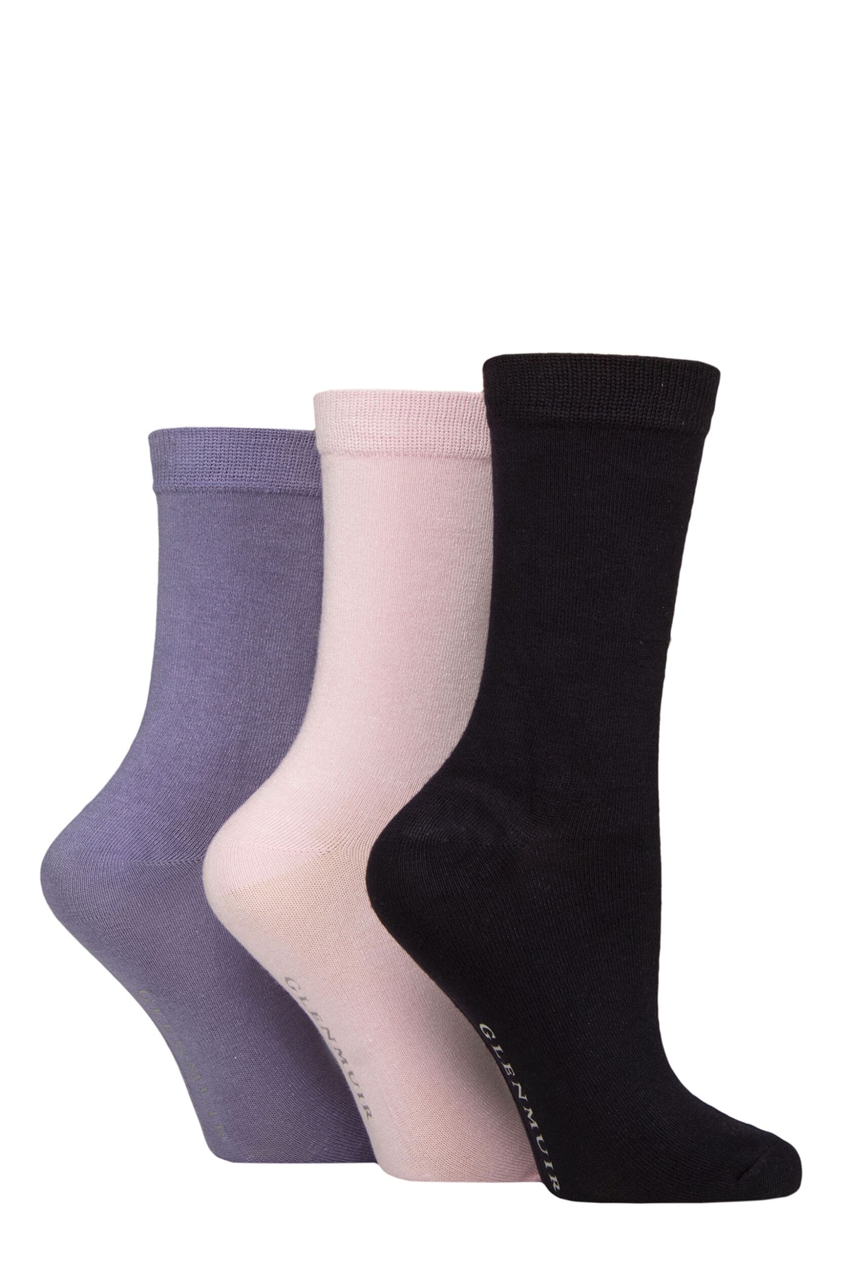Women's 3 Pair Glenmuir Classic Plain Bamboo Socks Navy / Light Pink / Violet UK 4-8