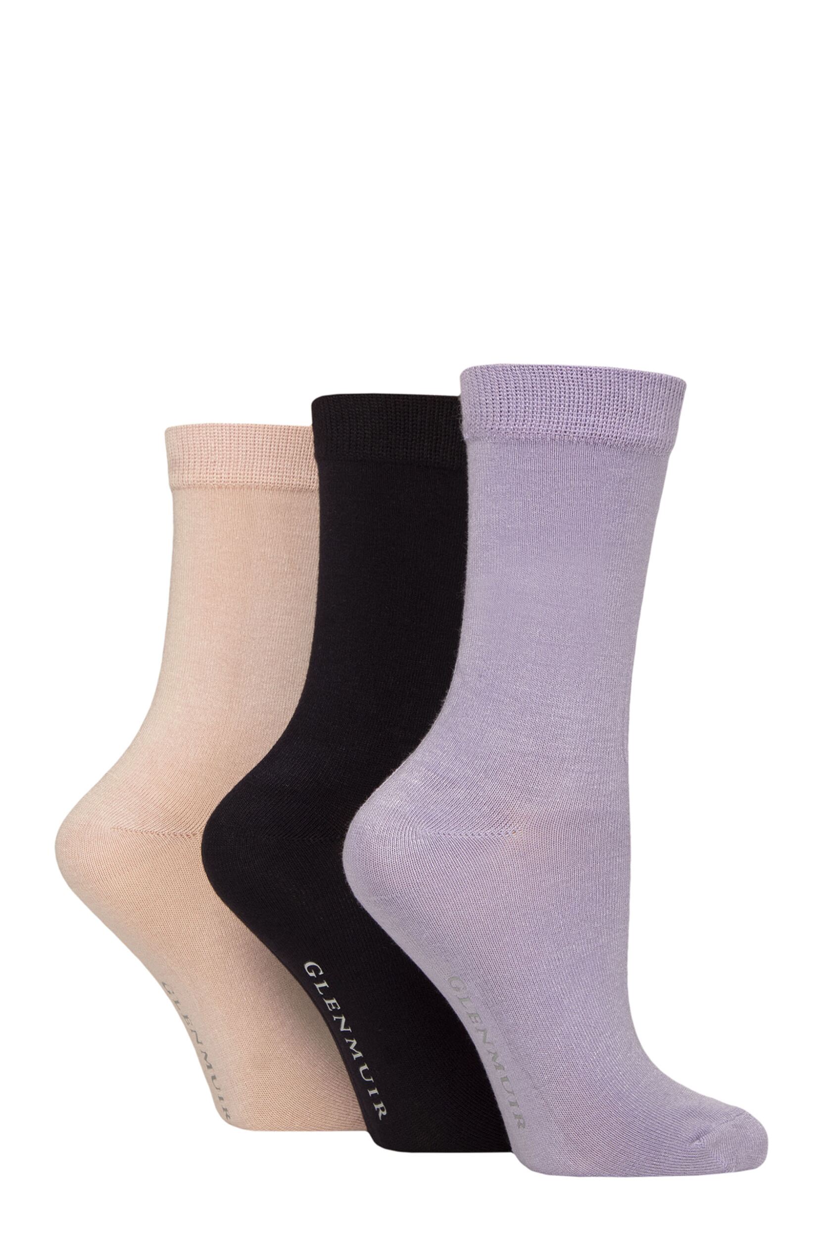 Women's 3 Pair Glenmuir Classic Plain Bamboo Socks Purple / Navy / Pink 4-8
