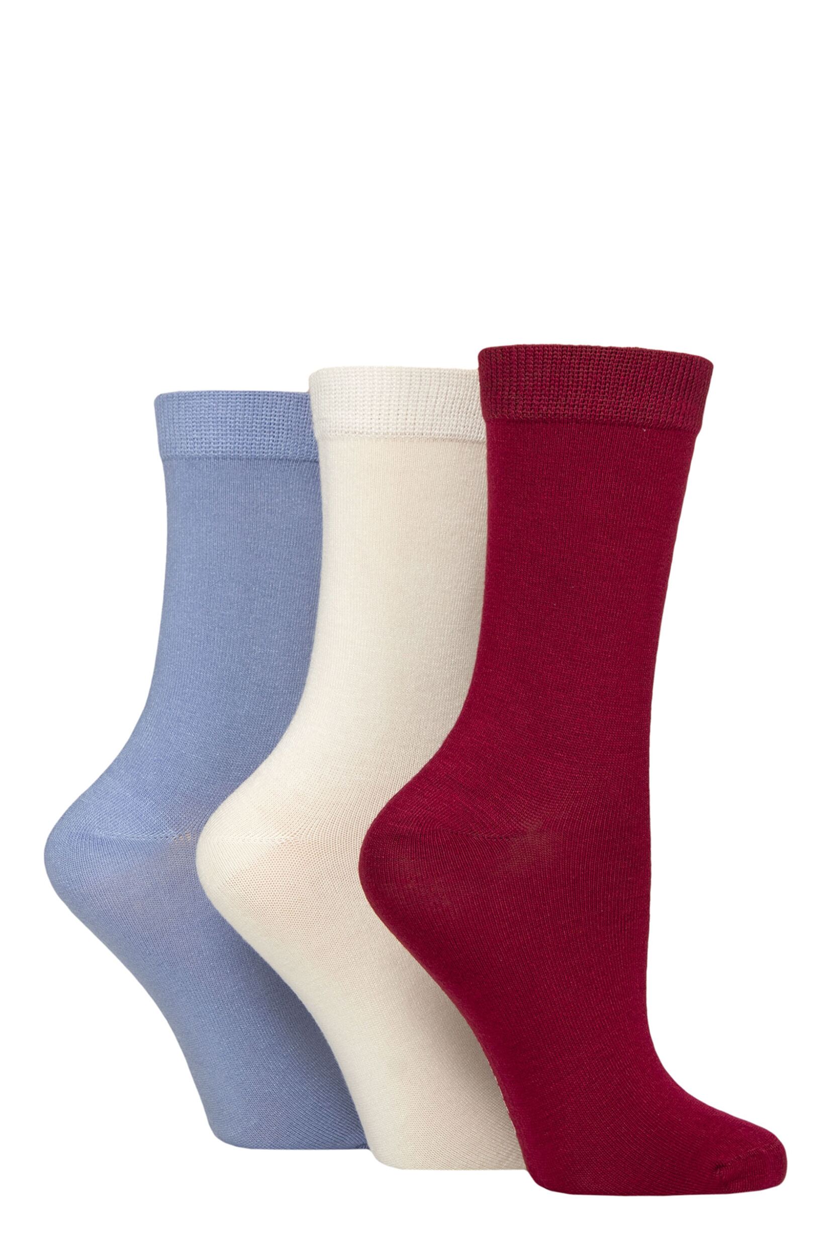 Women's 3 Pair Glenmuir Classic Plain Bamboo Socks Burgundy / Cream / Lilac  4-8