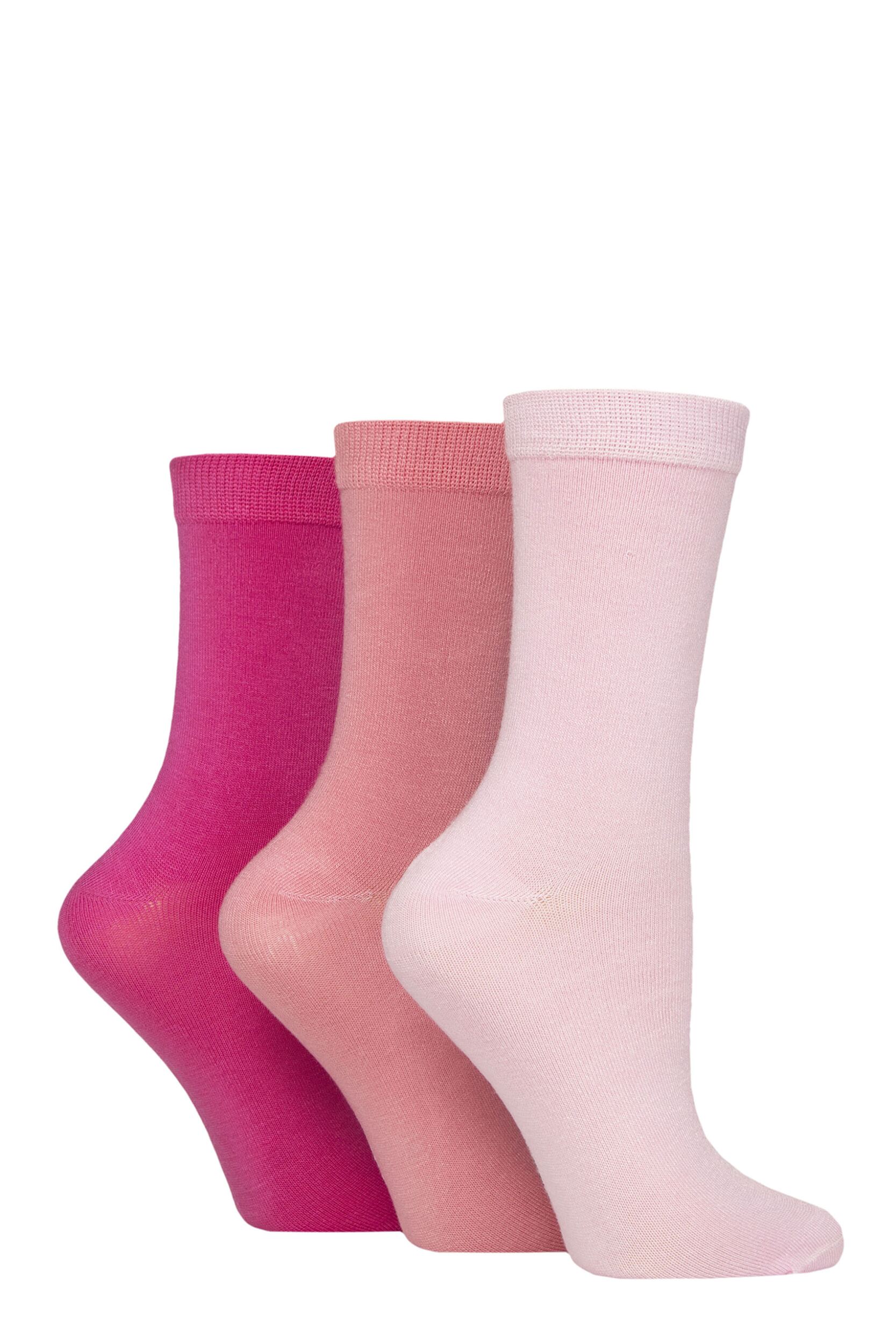 Women's 3 Pair Glenmuir Classic Plain Bamboo Socks Pink 4-8