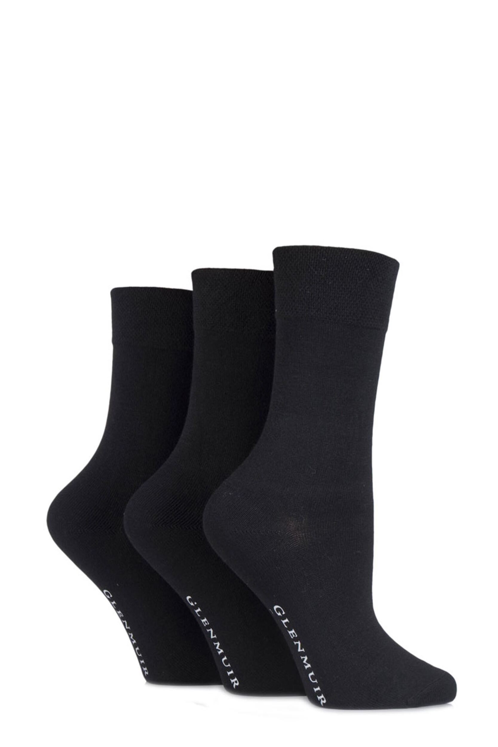 Image of 3 Pair Black Comfort Cuff Plain Bamboo Socks Ladies 4-8 Ladies - Glenmuir