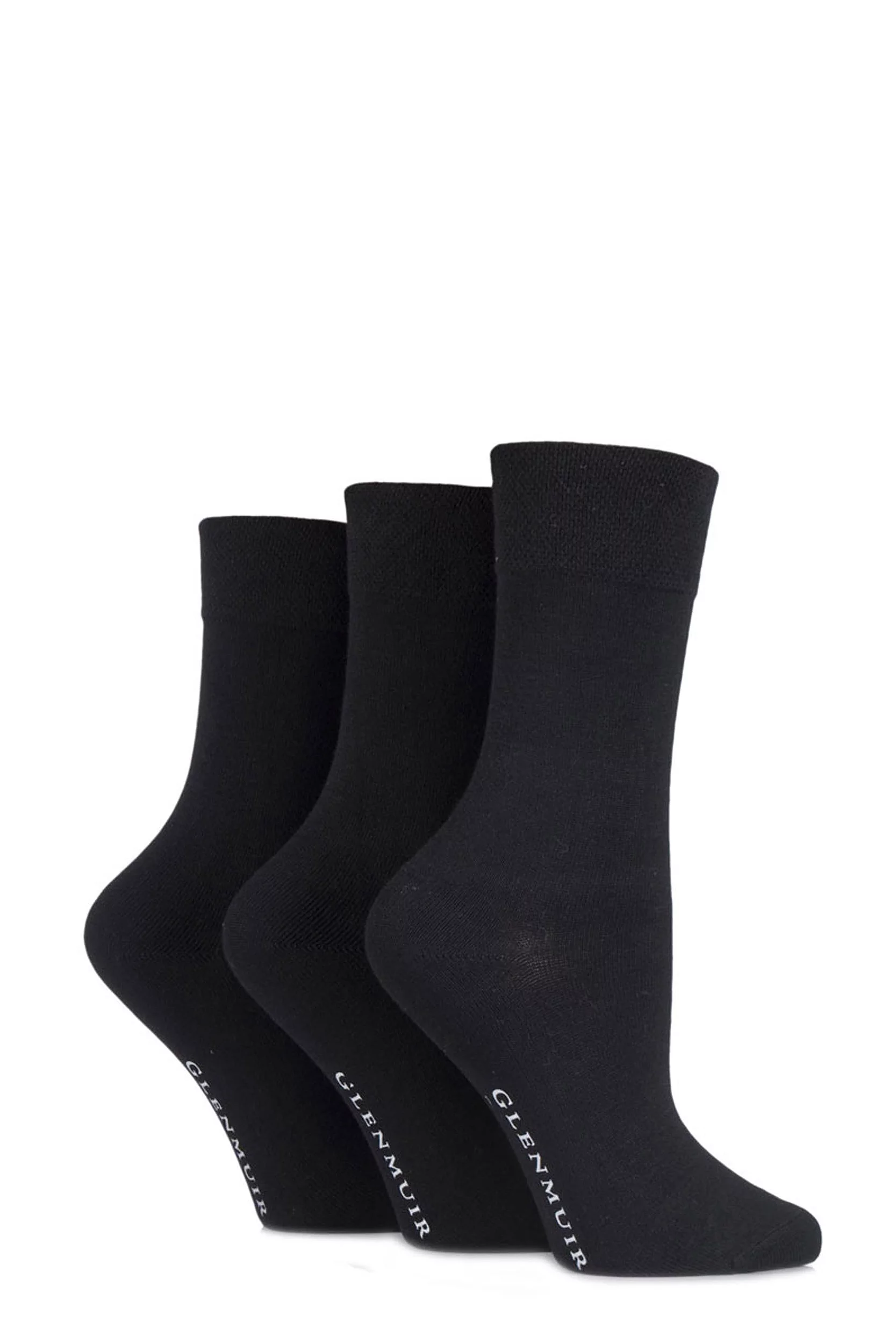 3 Pair Black Comfort Cuff Plain Bamboo Socks Ladies 4-8 Ladies - Glenmuir