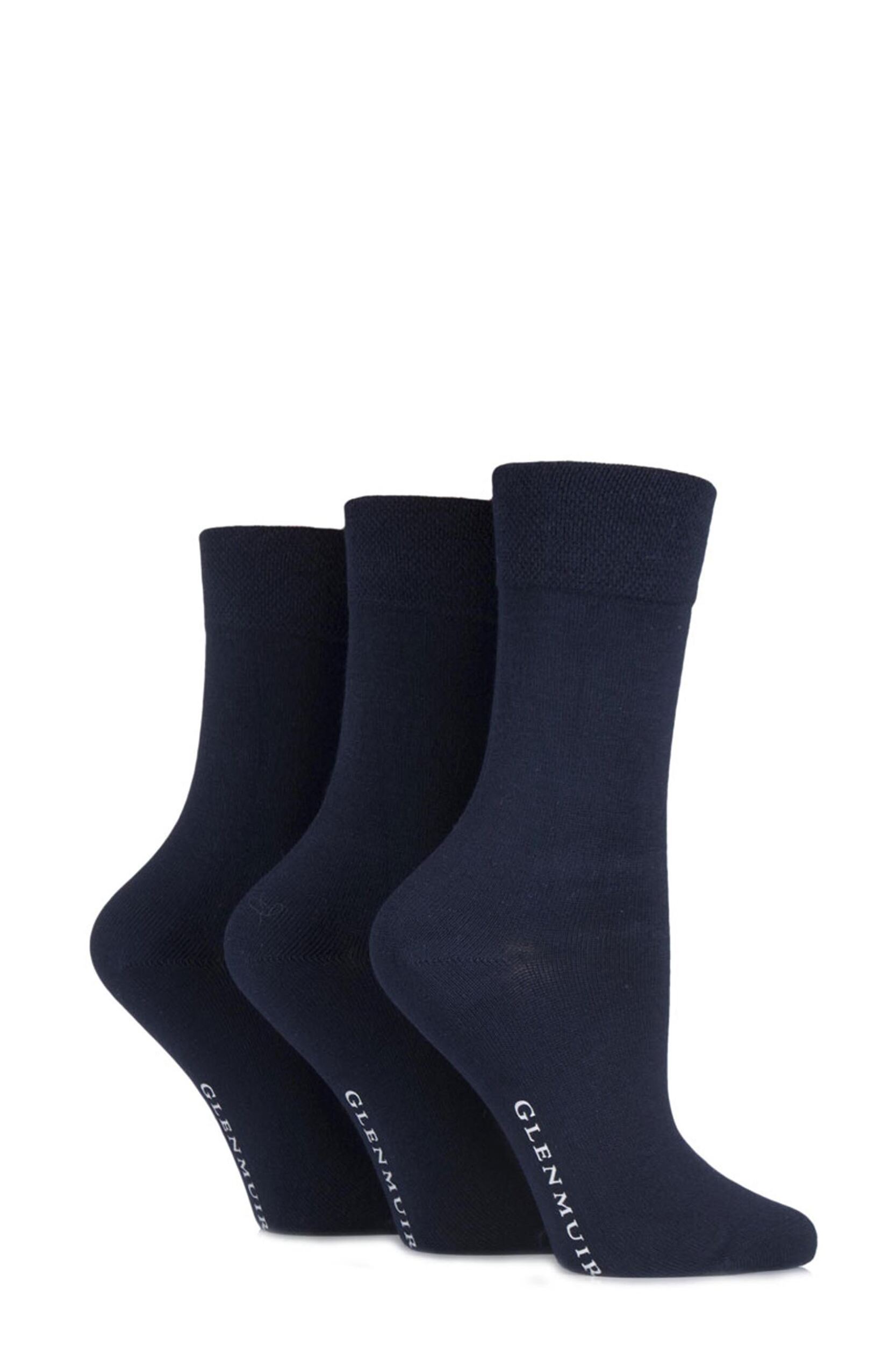 3 Pair Navy Comfort Cuff Plain Bamboo Socks Ladies 4-8 Ladies - Glenmuir