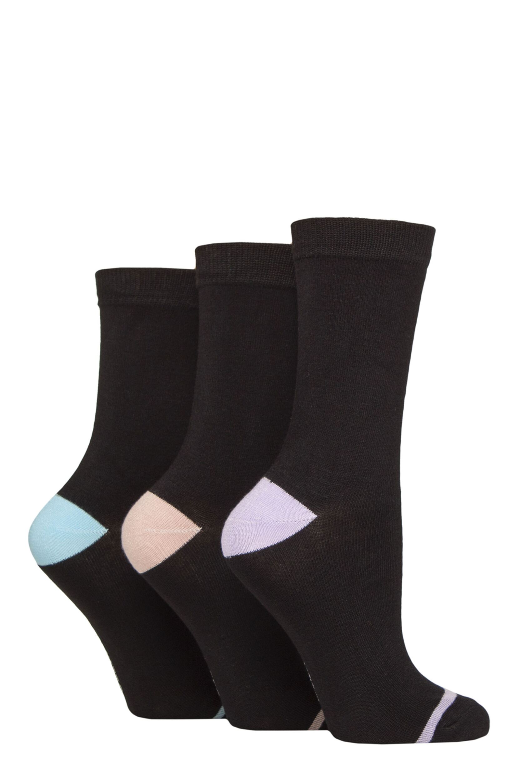Women’s 3 Pair Glenmuir Contrast Heel and Toe Bamboo Socks Black Lilac / Peach 4-8