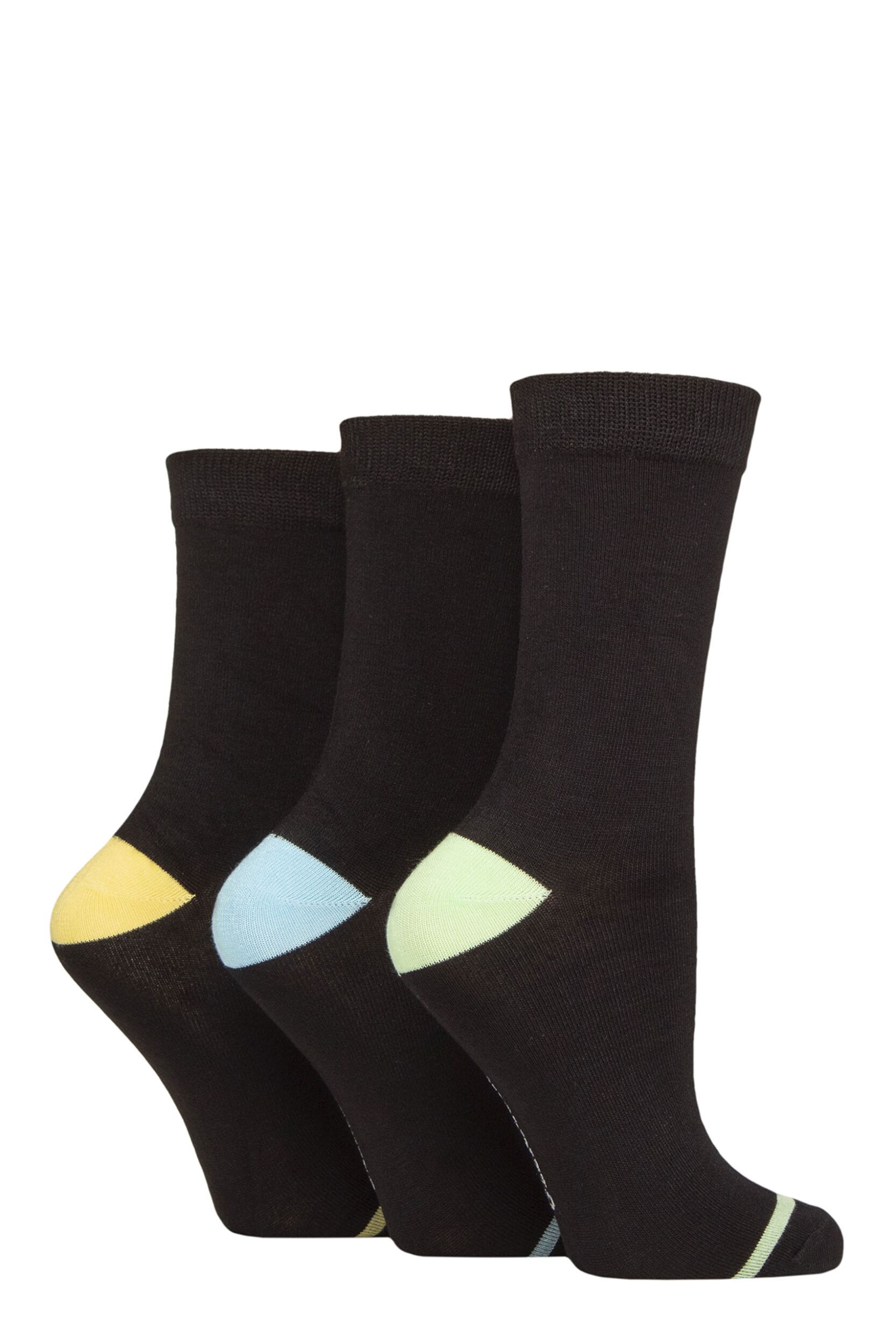 Women's 3 Pair Glenmuir Contrast Heel and Toe Bamboo Socks Black Lime / Blue 4-8