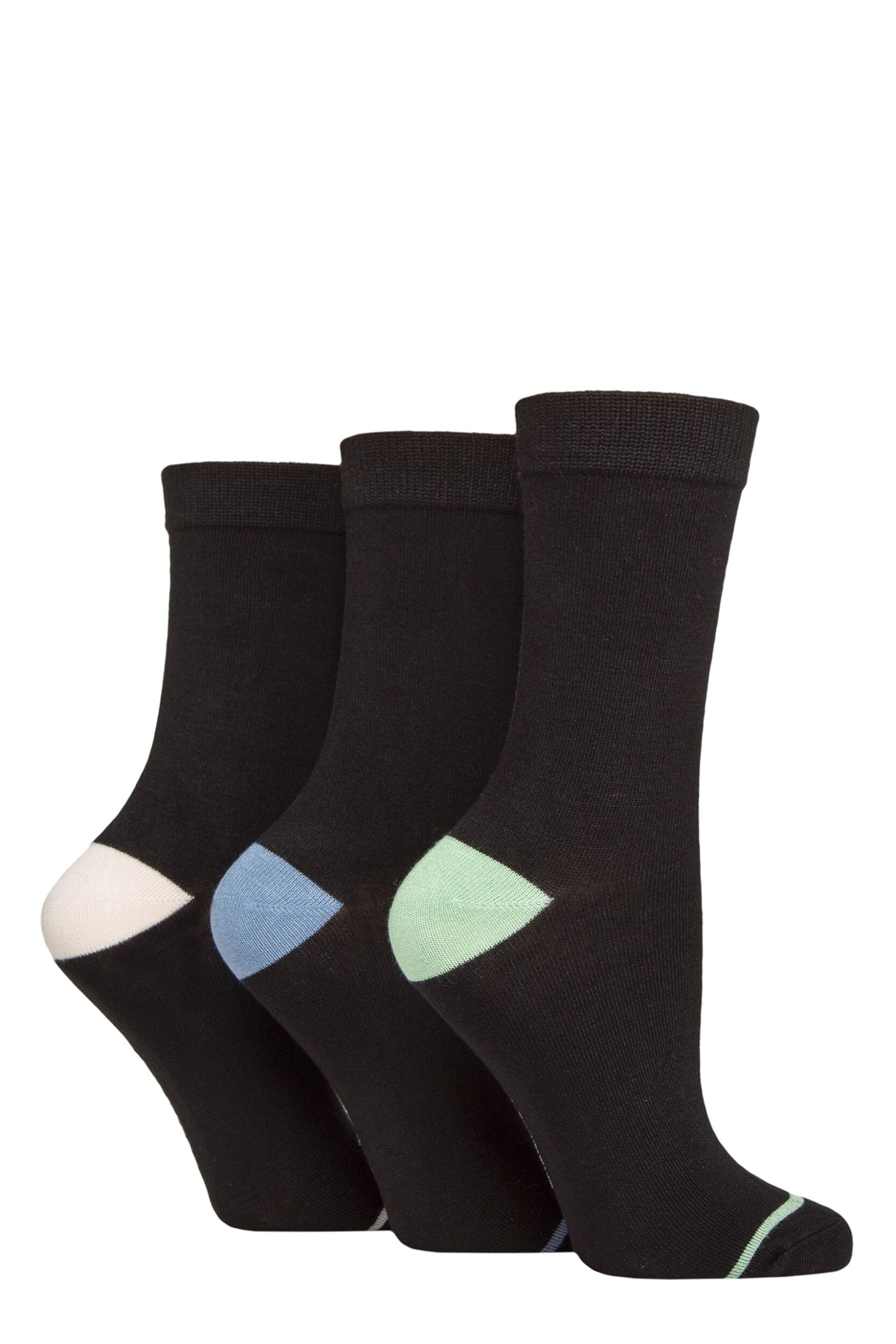Women’s 3 Pair Glenmuir Contrast Heel and Toe Bamboo Socks Black Green / Blue / Pink 4-8