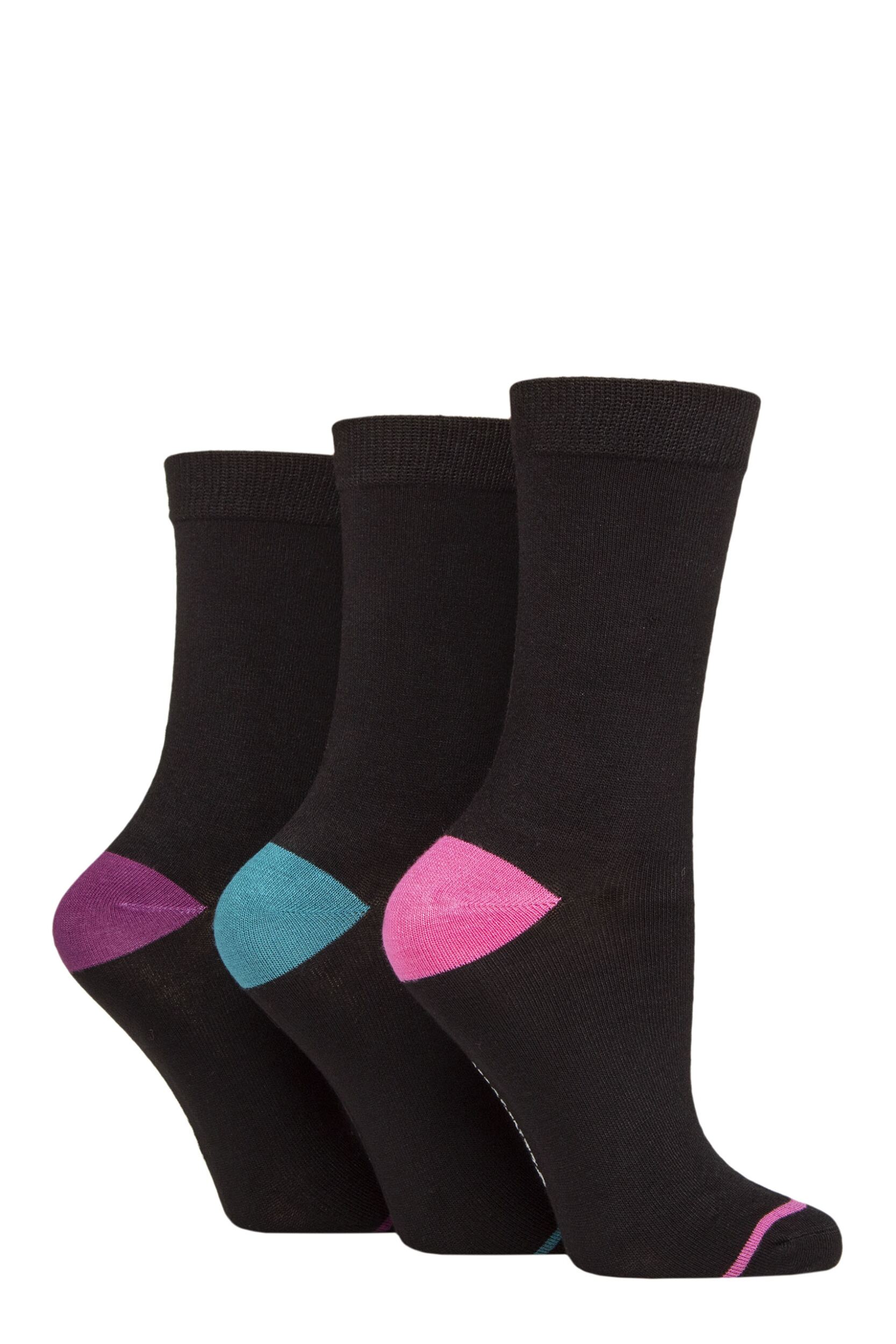 Women’s 3 Pair Glenmuir Contrast Heel and Toe Bamboo Socks Black Pink / Teal / Purple 4-8