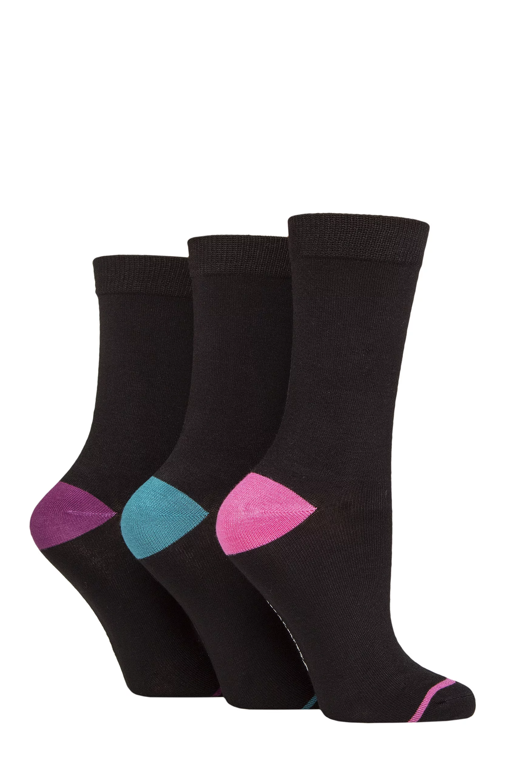 Women's 3 Pair Glenmuir Contrast Heel and Toe Bamboo Socks Black Pink / Teal / Purple 4