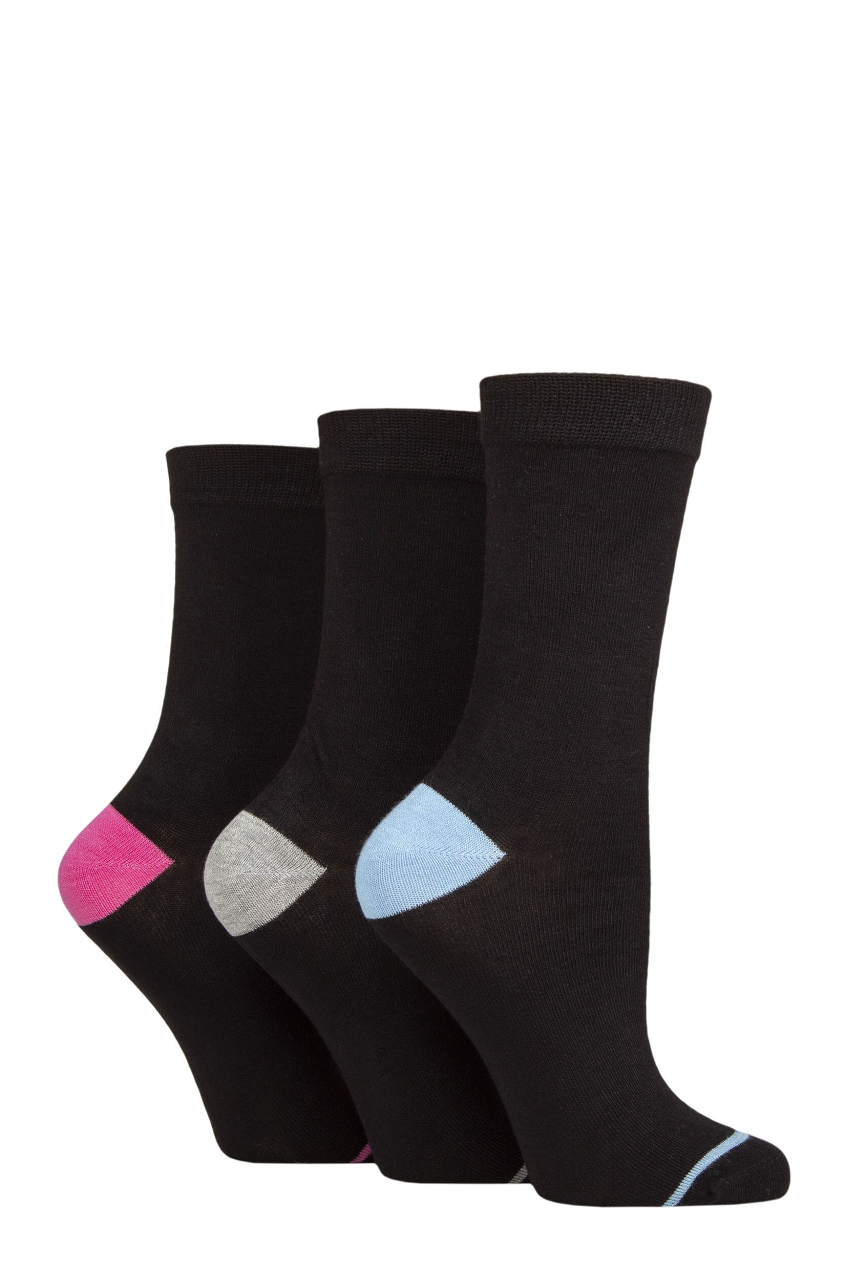 Women’s 3 Pair Glenmuir Contrast Heel and Toe Bamboo Socks Black Blue / Grey / Pink 4-8