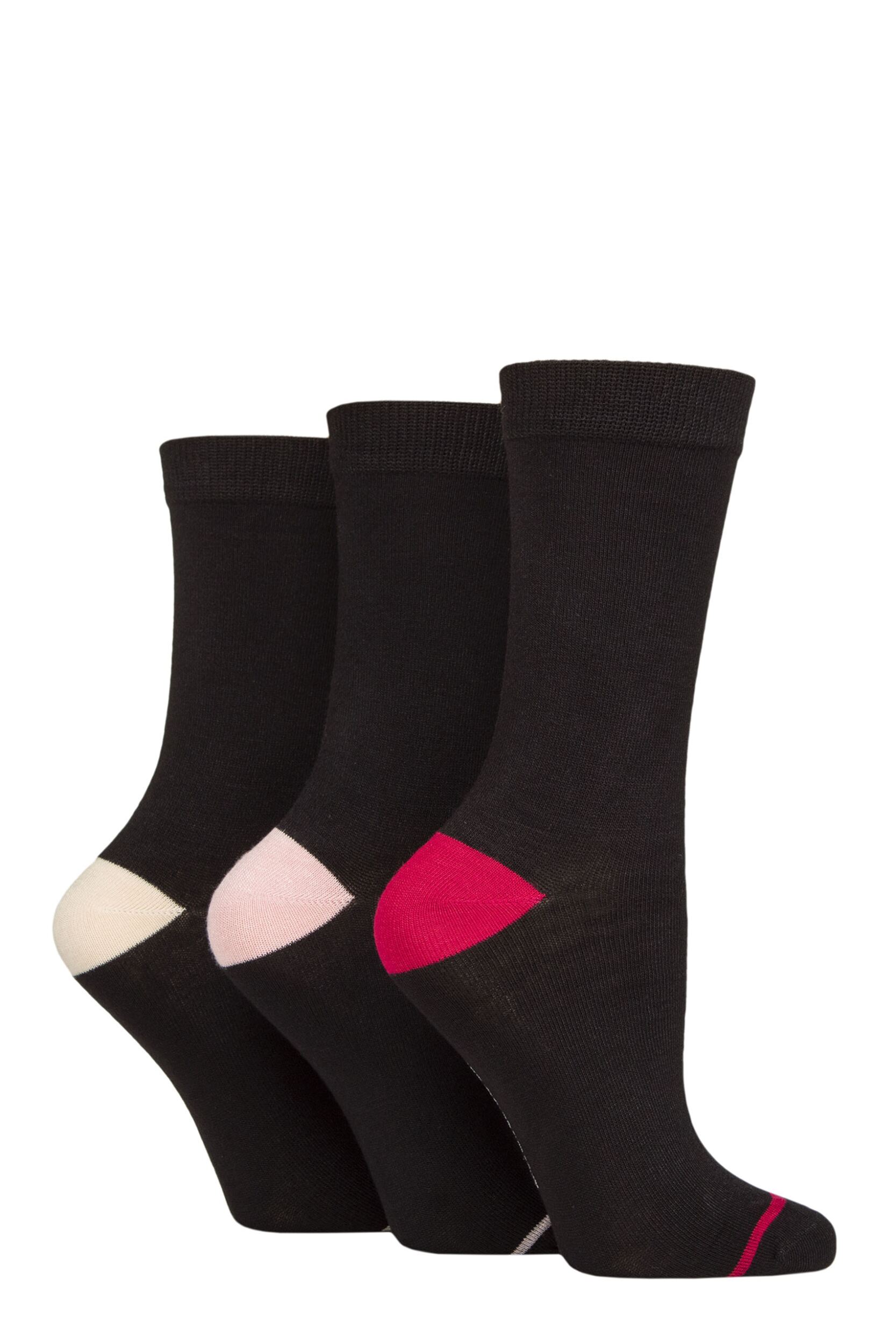 Women’s 3 Pair Glenmuir Contrast Heel and Toe Bamboo Socks Black Pink / Cream 4-8