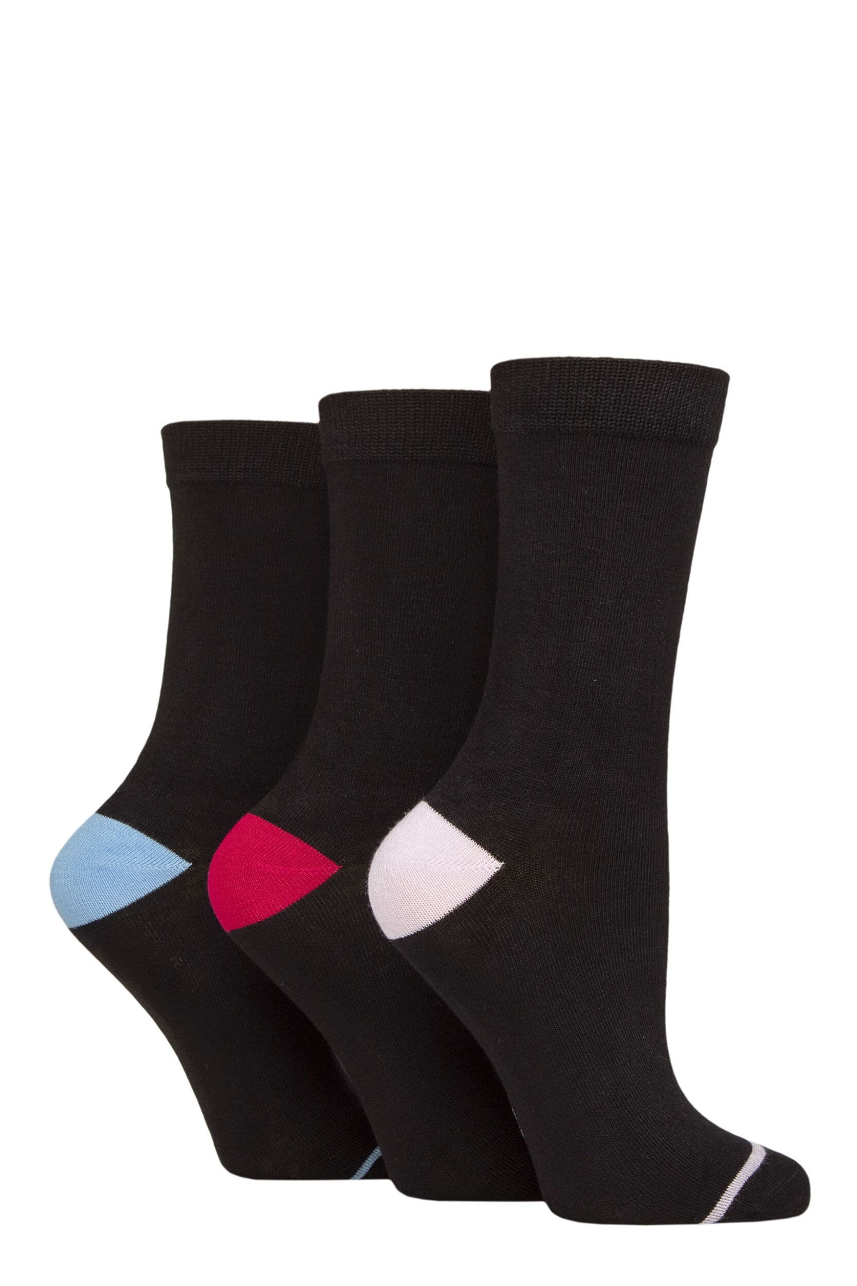 Women's 3 Pair Glenmuir Contrast Heel and Toe Bamboo Socks Black Lilac / Wine / Blue 4-8
