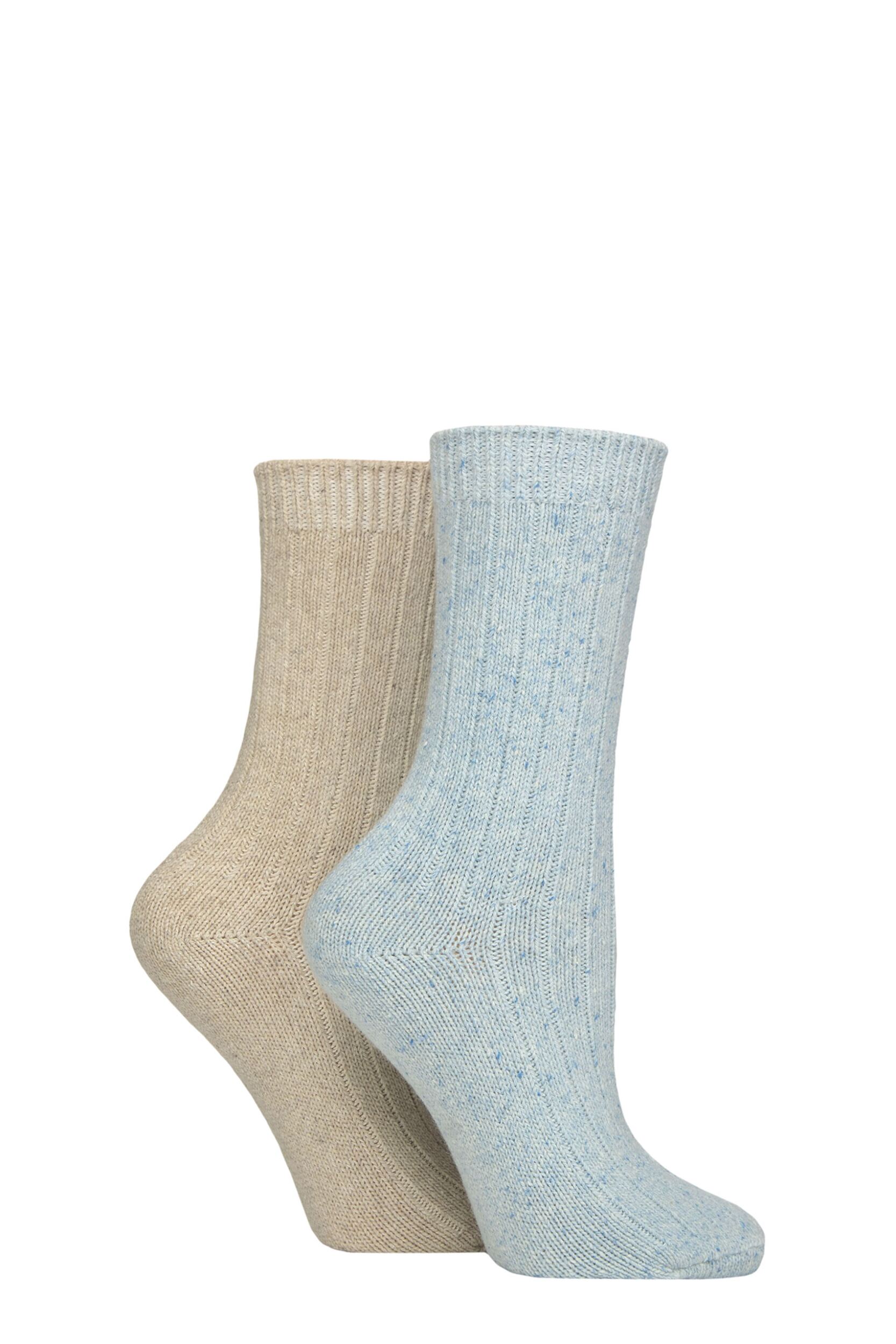 Women's 2 Pair Glenmuir Cotton, Merino Wool and Silk Socks Blue / Beige 4-8