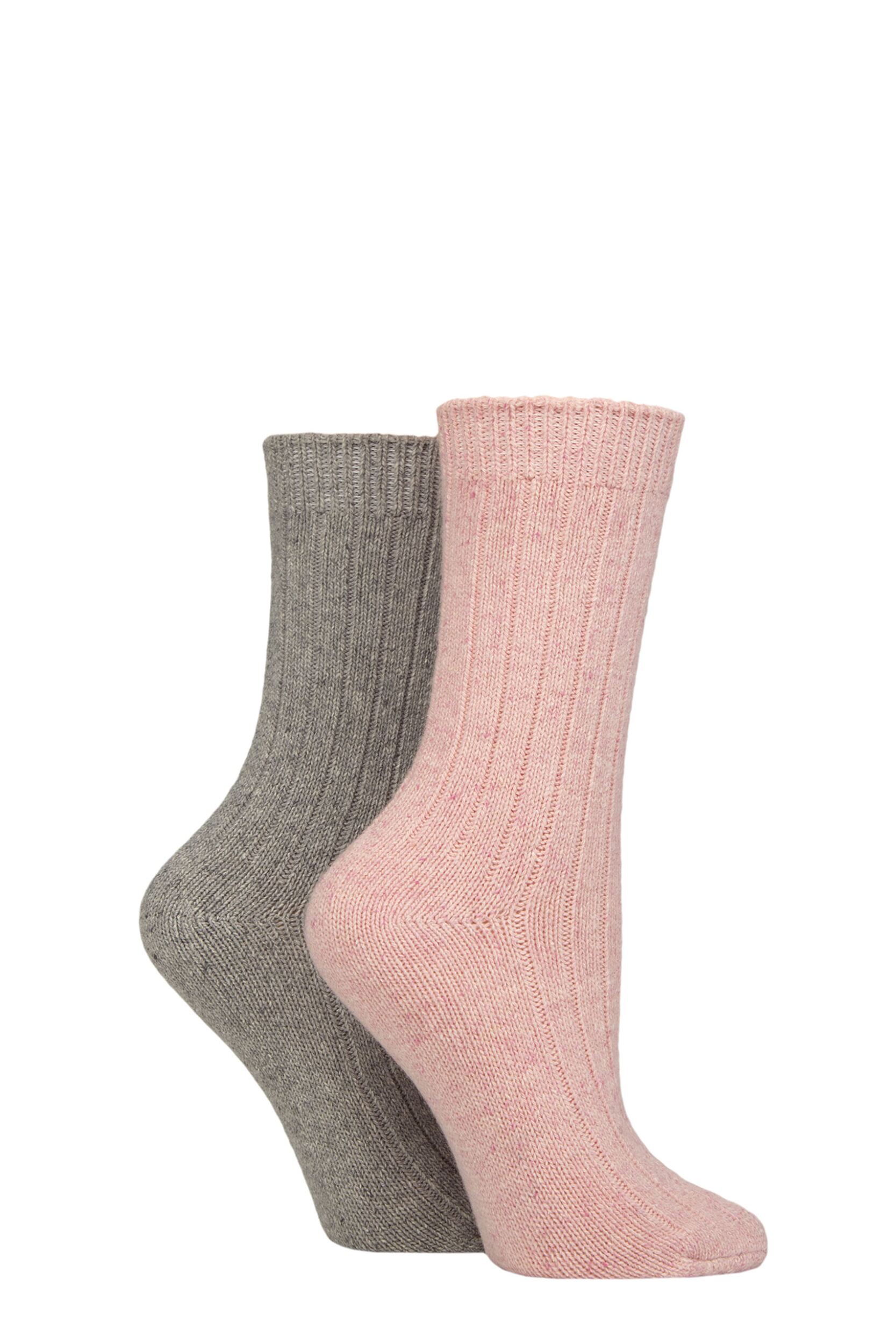 Women’s 2 Pair Glenmuir Cotton, Merino Wool and Silk Socks Pink / Grey 4-8