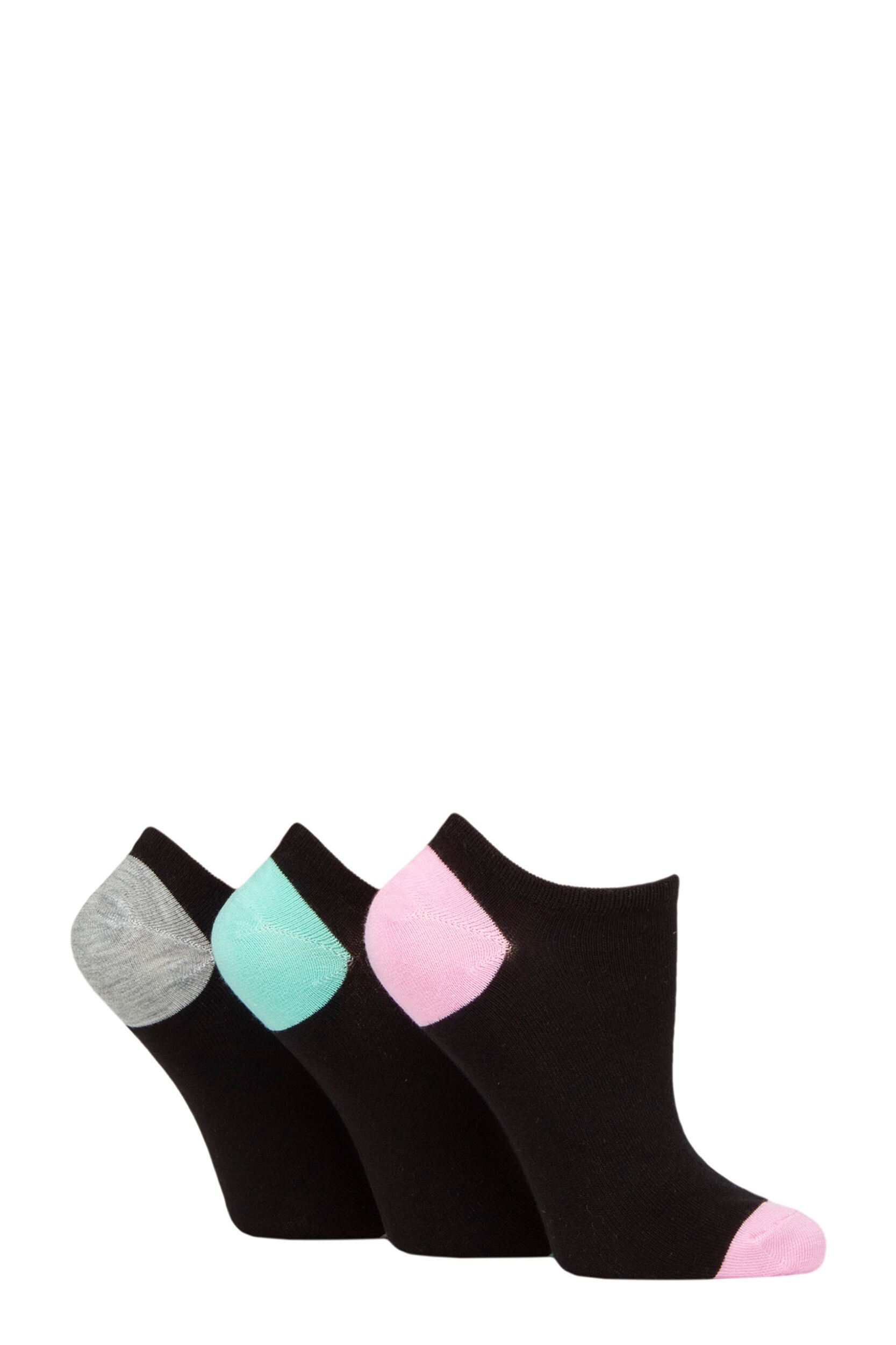 Women's 3 Pair Glenmuir Plain and Patterned Bamboo Secret Socks Black Pink / Mint / Grey 4-8 Ladies