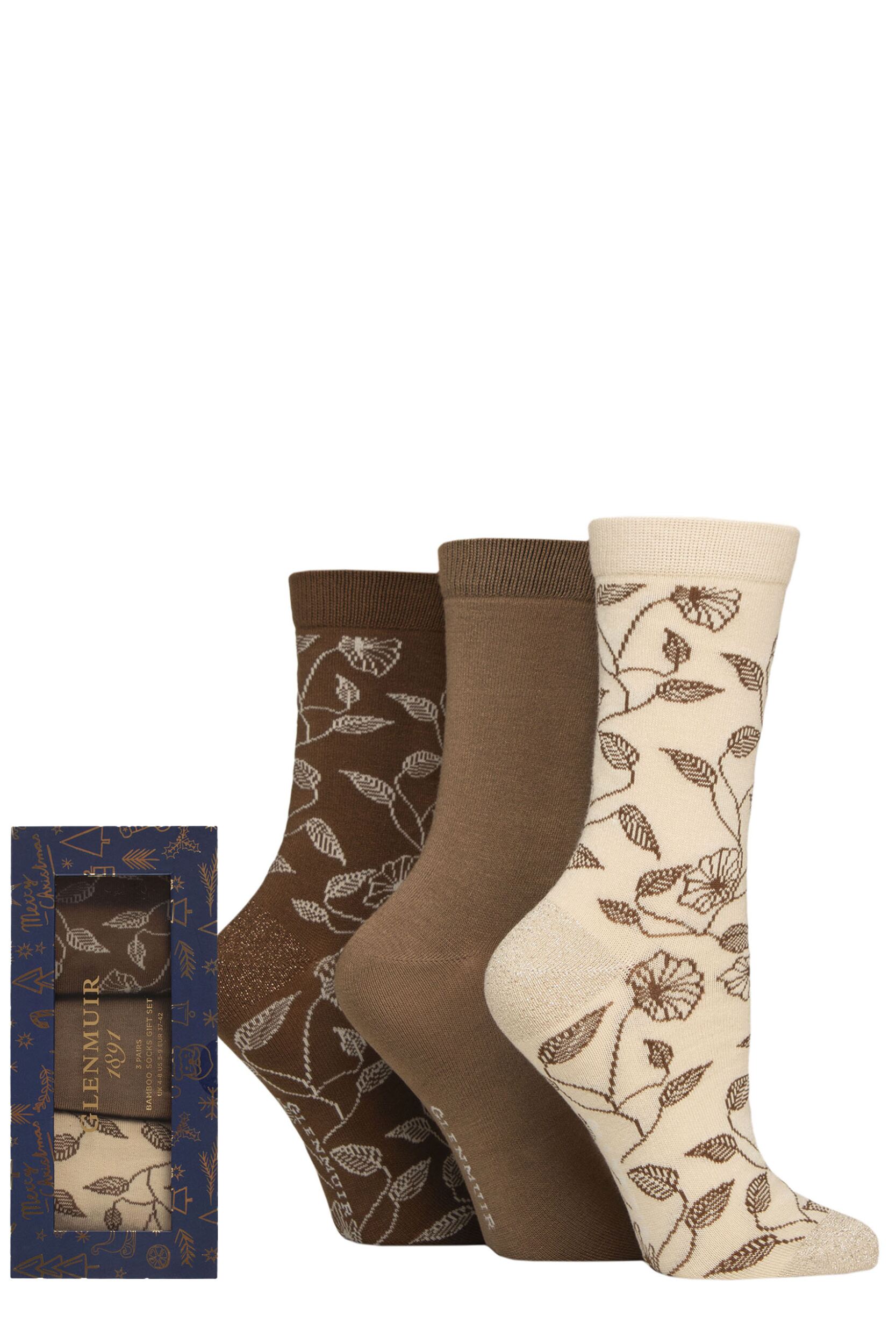 Women's 3 Pair Glenmuir Bamboo Patterned Socks in Christmas Gift Box Beige / Brown Floral 4-8 Women's