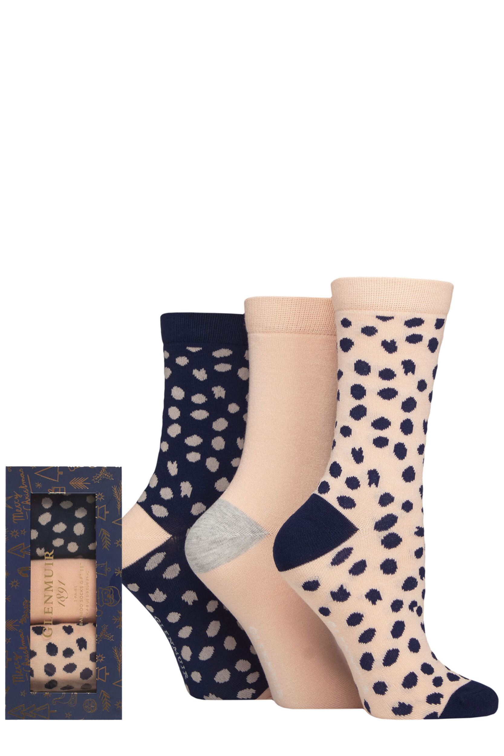 Women's 3 Pair Glenmuir Bamboo Patterned Socks in Christmas Gift Box Pink / Navy Animal Print 4-8 Women's