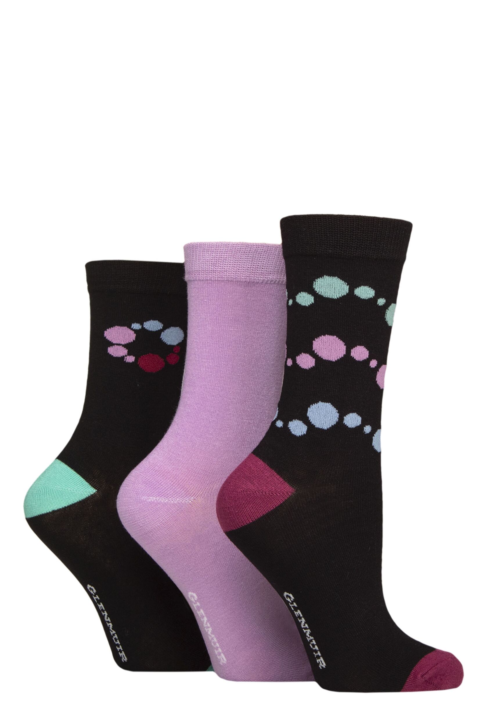 Image of Women's 3 Pair Glenmuir Patterned Bamboo Socks with Christmas Gift Tag Black Bubbles 4-8 Women's