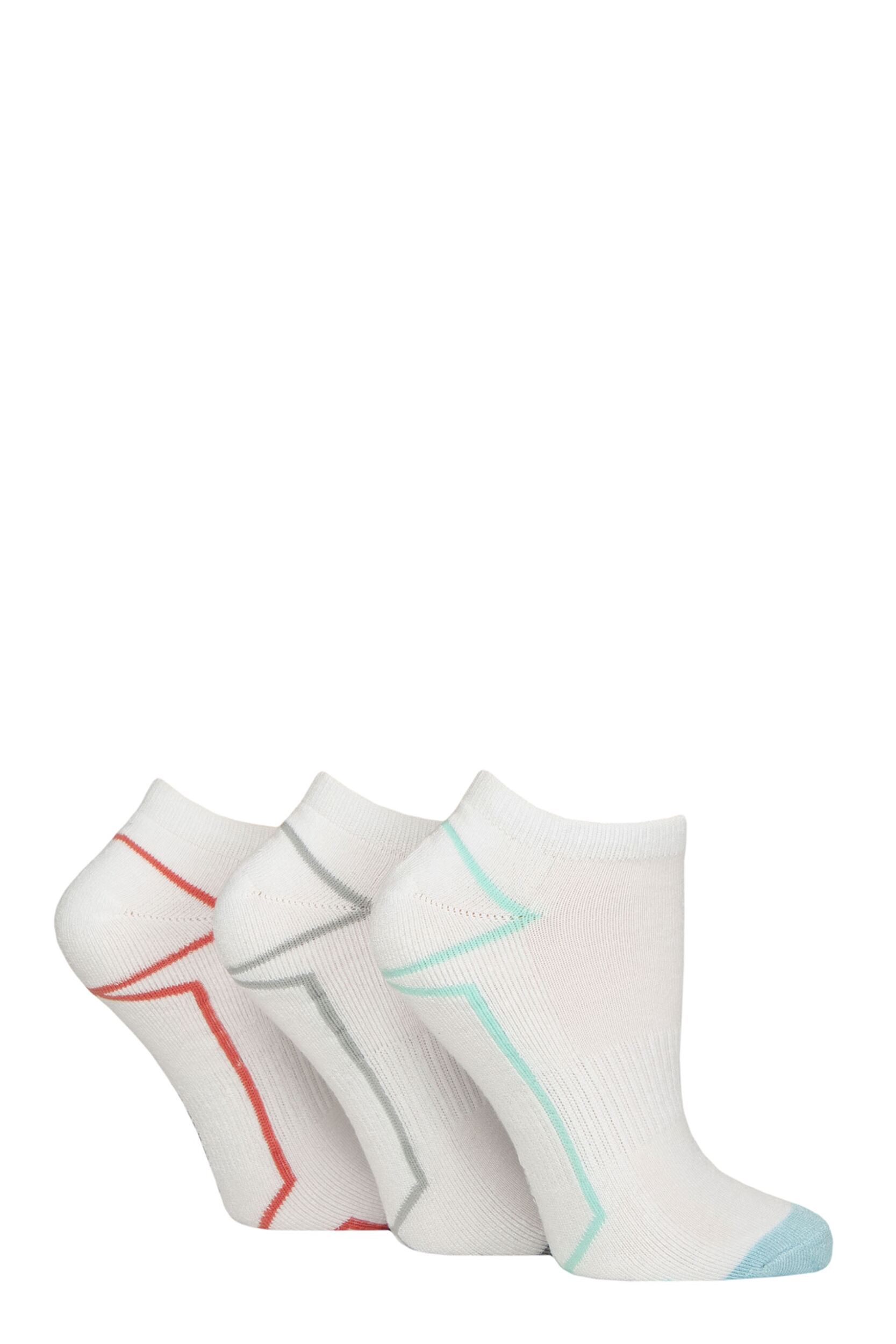 Women's 3 Pair Glenmuir Cushion Bamboo Sports Trainer Socks White / Turquoise / Grey / Coral 4-8