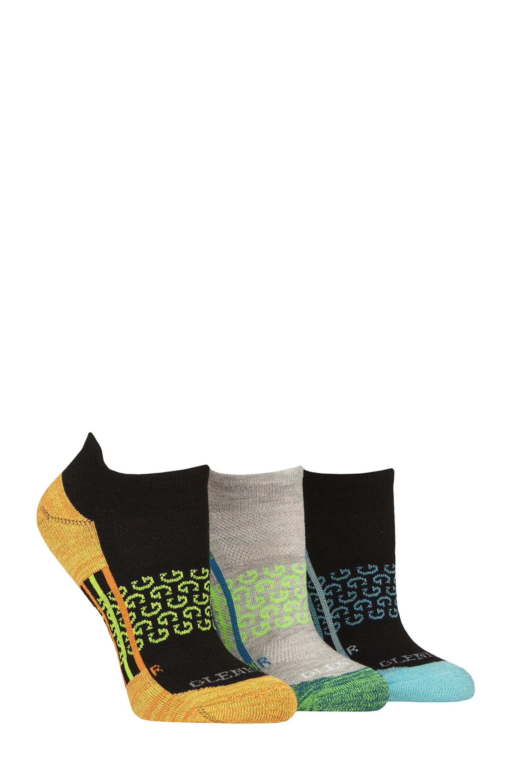 Women's 3 Pair Glenmuir Sport Technical Trainer Socks Black / Orange / Green 4-8 Women'