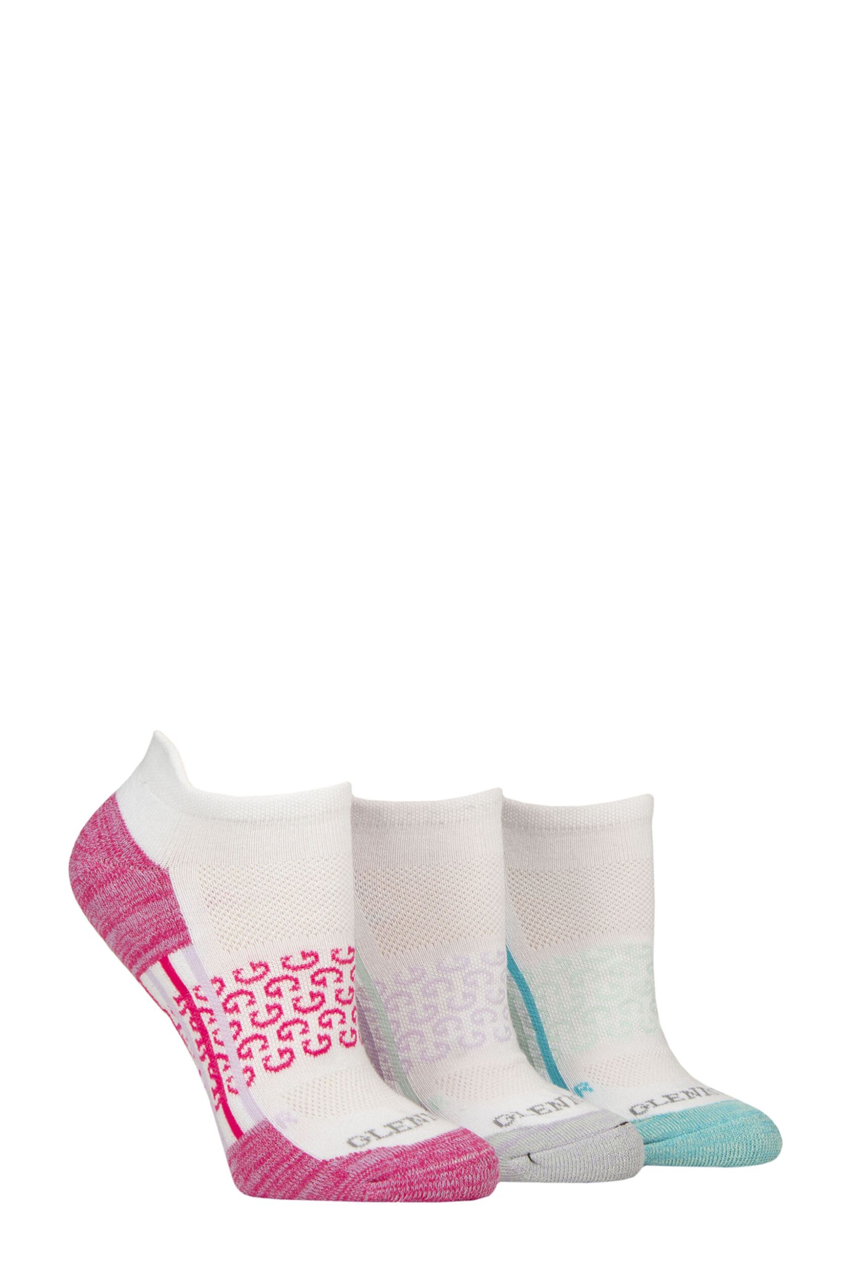Women's 3 Pair Glenmuir Sport Technical Trainer Socks White Pink / Blue 4-8 Women's