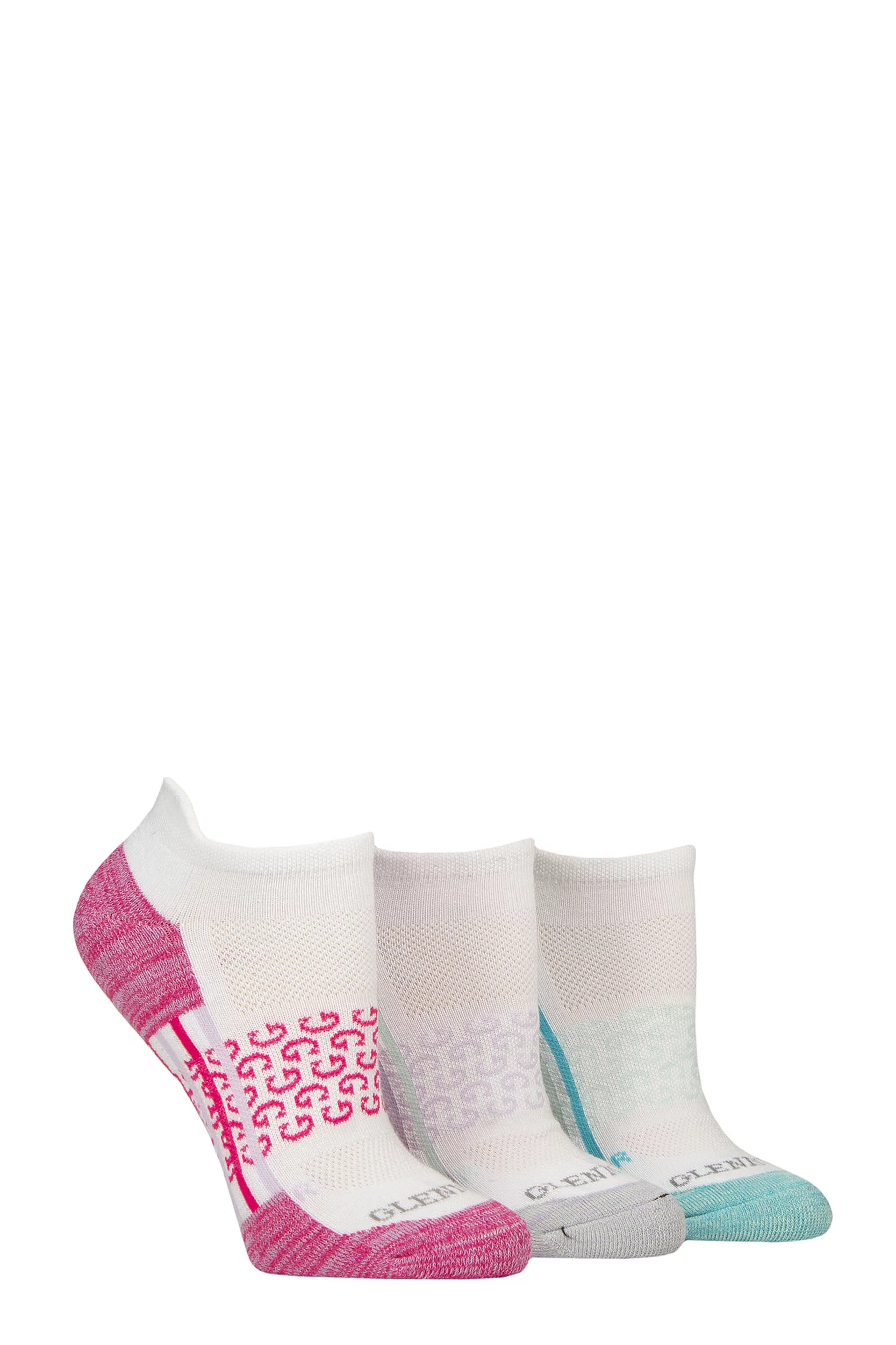 Women's 3 Pair Glenmuir Sport Technical Trainer Socks White Pink / Blue 4-8 Women'